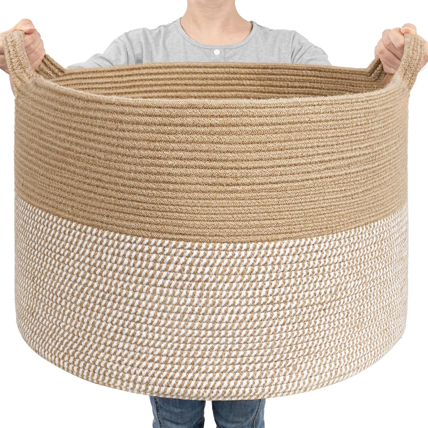 Goodpick Large Woven Storage Basket 21.7x13.8 Inch, White & Jute Laundry Hamper with Handles for Clothes, Blankets, Pillows, Blanket Basket for Living Room, Bedroom White & Jute 21.7x21.7x13.8 Inch (Pack of 1)