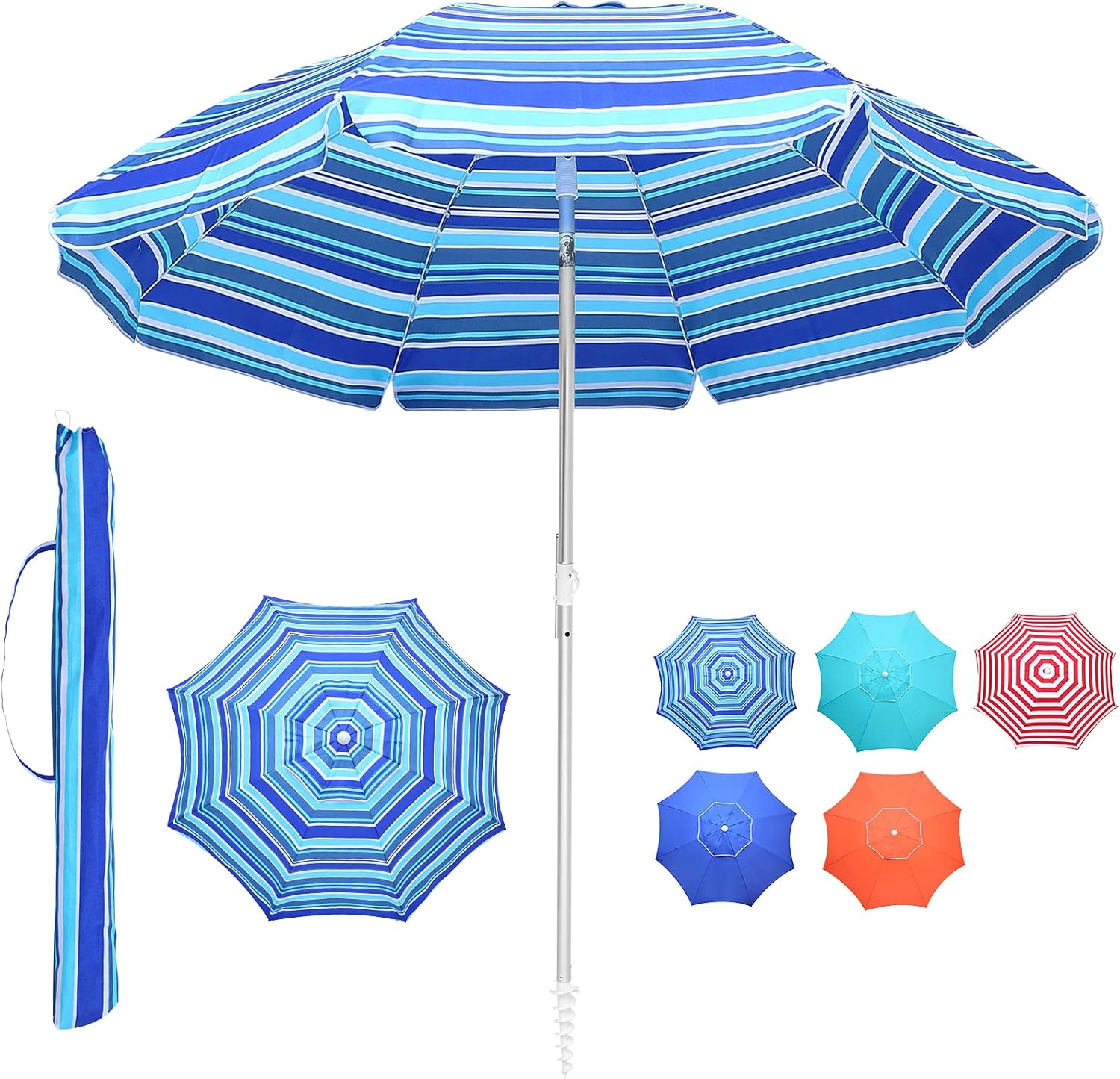 Lurasel Beach Umbrella 7.5ft UV 50+ Outdoor Portable Sunshade Umbrella with Sand Anchor,Tilt Mechanism and Carry Bag for Garden Beach Outdoor(7.5ft,Blue-Green Stripes)