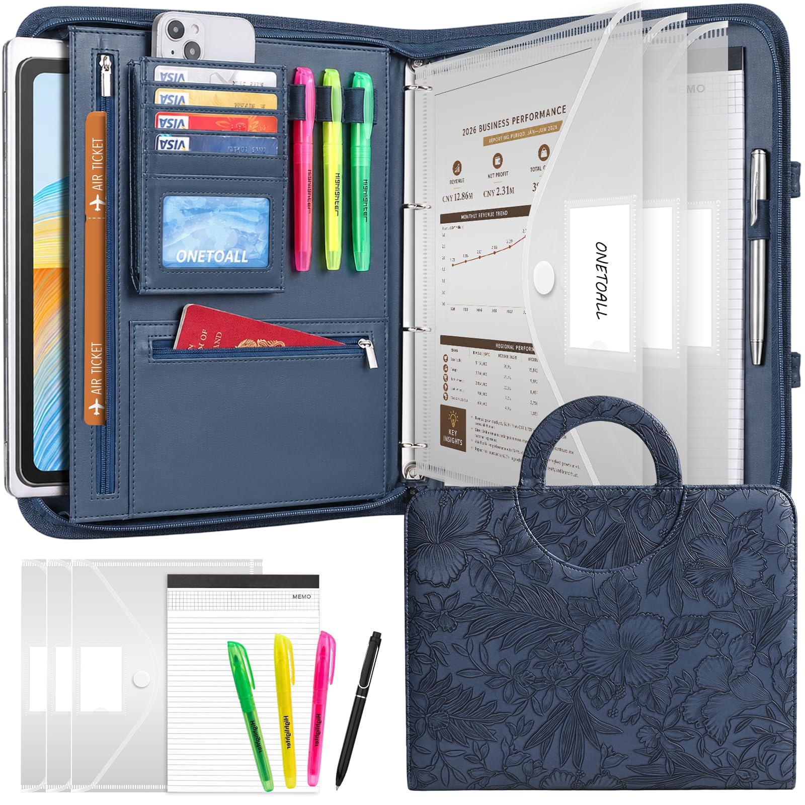 ONETOALL Portfolio Folder A4 4-Ring with Handle & Zipper Closure Navy