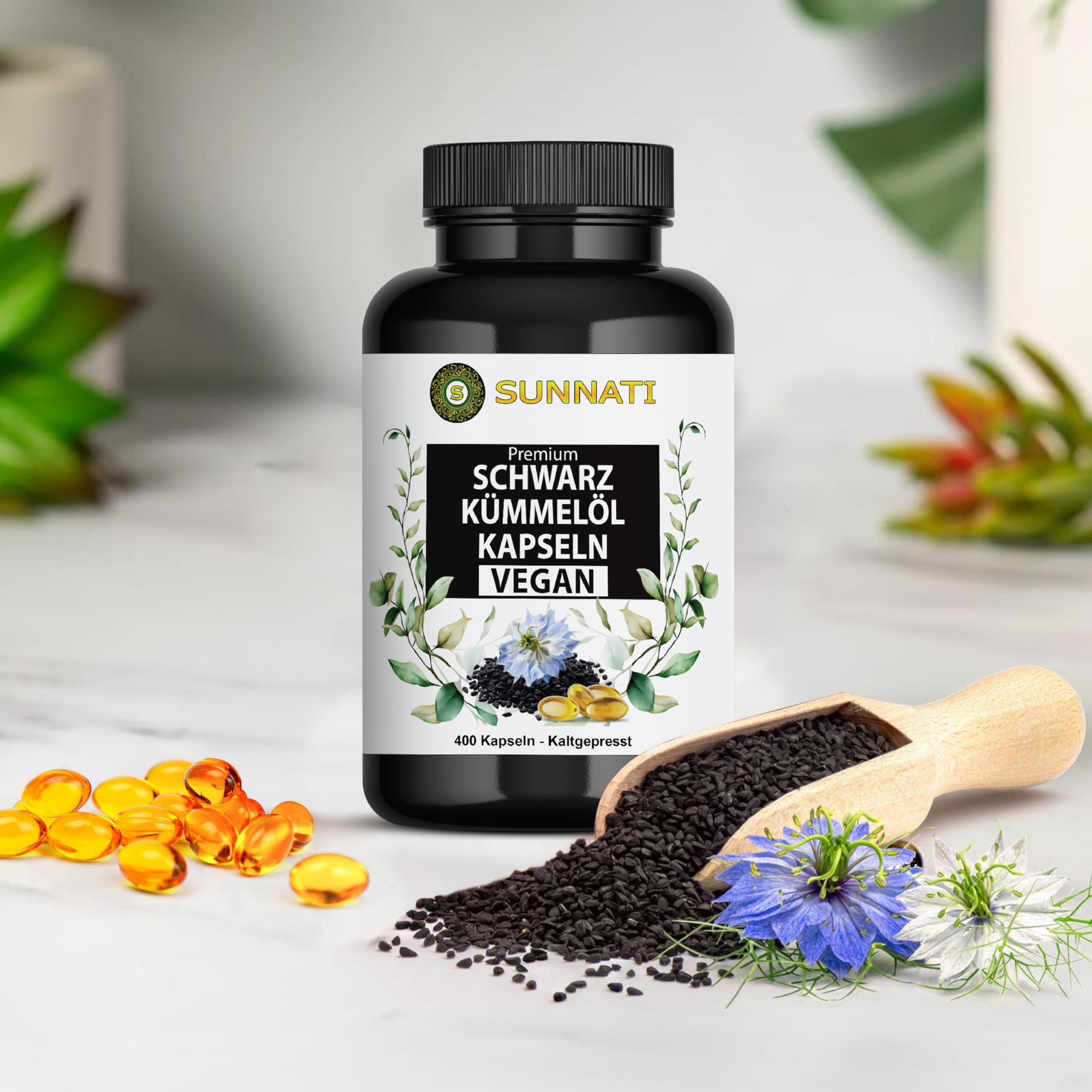 Schwarzkümmelöl - 400 Kapseln VEGAN - 1000 mg Tagesdosis hochdosiert - Kaltgepresst, Ägyptisch, mit Vitamin E, von Sunnati - In Deutschland hergestellt