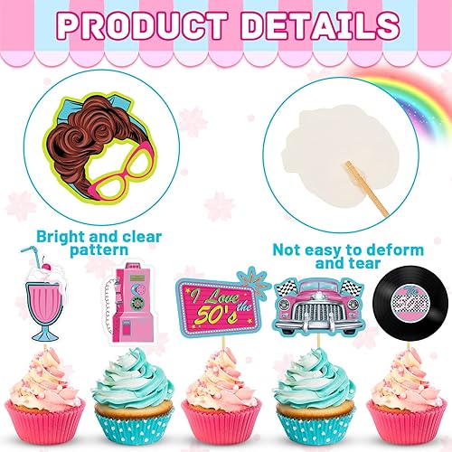 Miniatura 3 de 45 piezas de decoración de cupcakes de los años 50, decoración de fiesta de música rock and roll, decoración de pasteles para fiesta temática retro