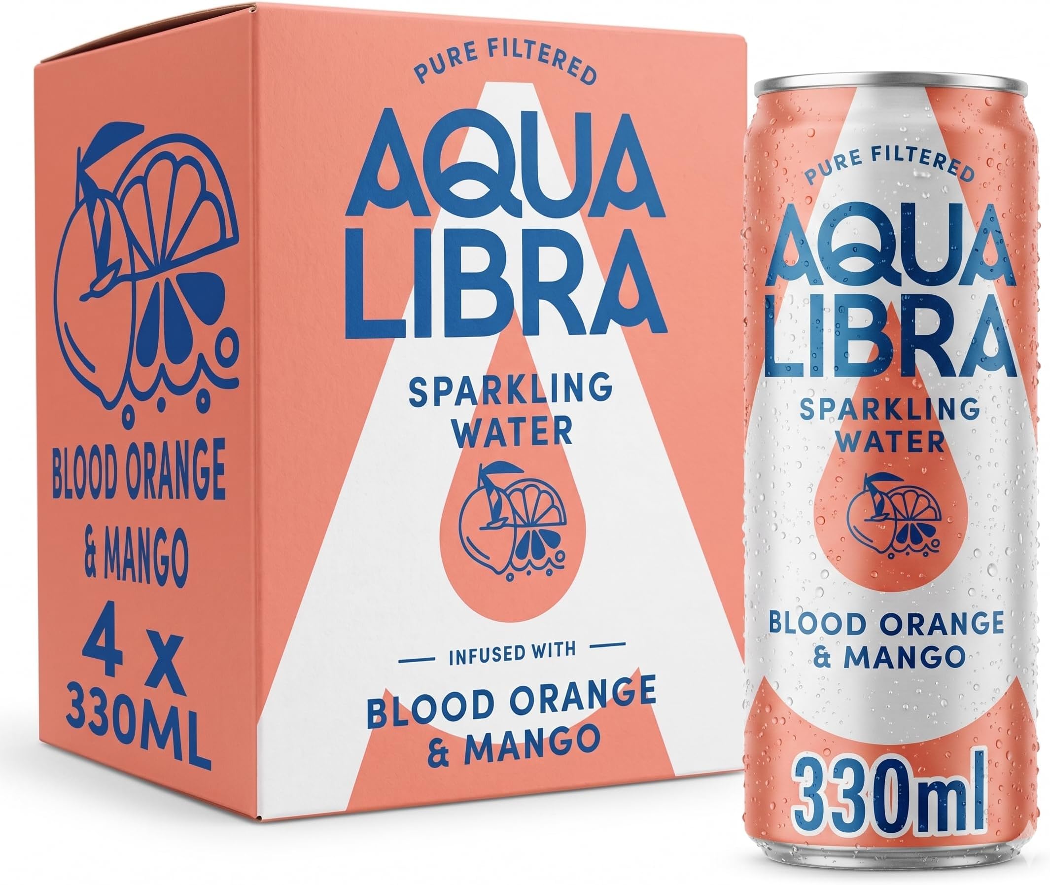 Aqua Libra Sparkling Water Blood Orange & Mango 330ml (Pack of 4 Cans)