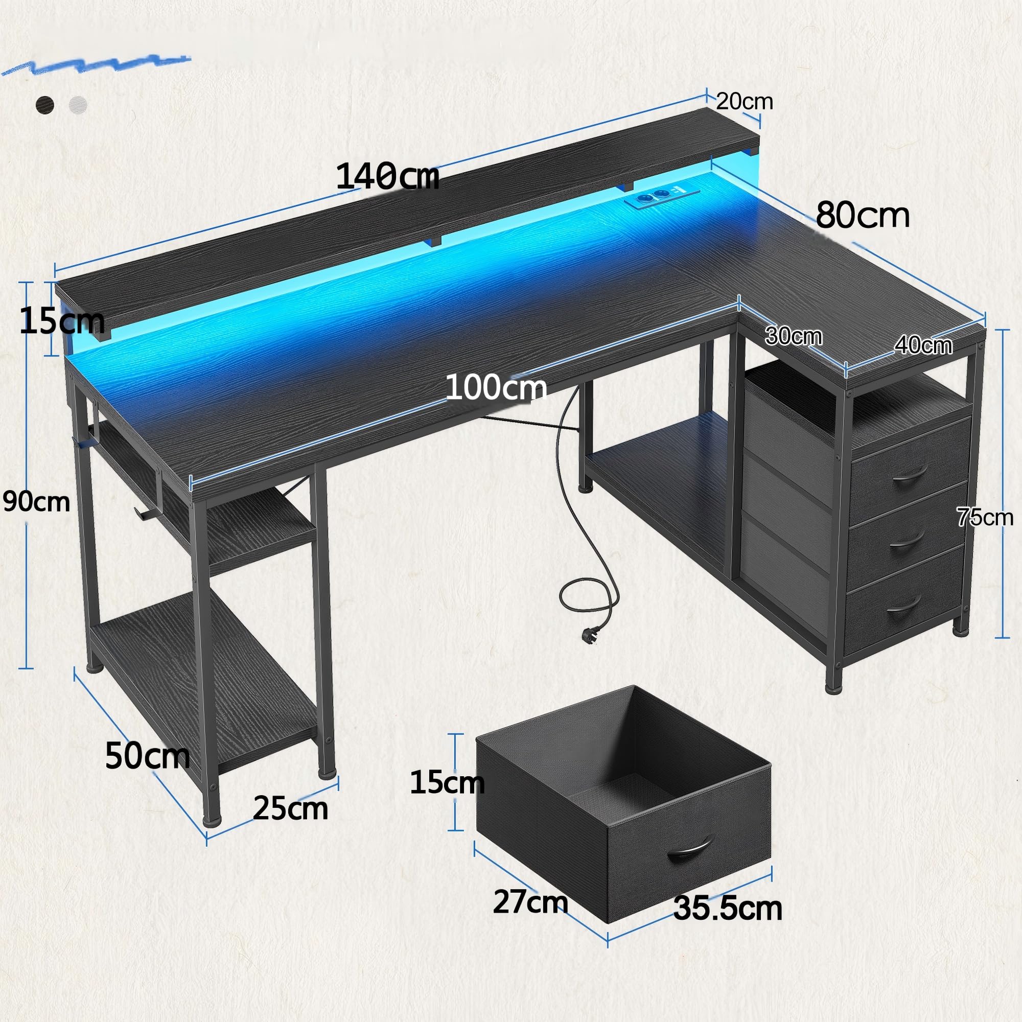 140x80 cm Forma de L Escritorio con 3 Cajones, LED, Soporte para Monitor, 2 Enchufes y 2 Puertos USB, Reversible Mesa Gaming con Gancho para Trabajo,Juegos,Estudiar,Homeoficina, Estudio, Negro