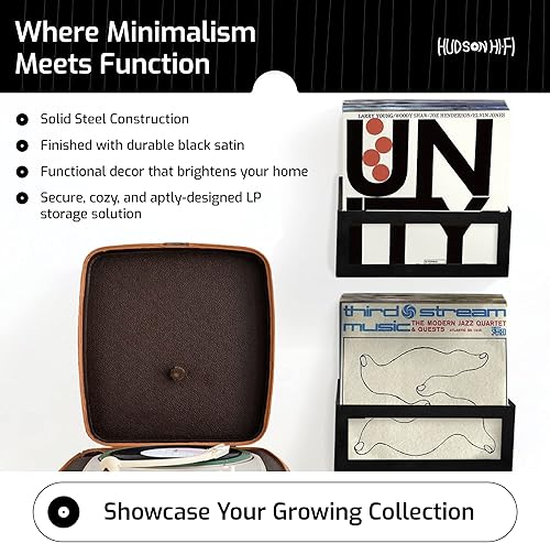 Vista 4 de Hudson Hi-Fi Estante de exhibición de vinilo, 1 unidad, acero sólido, satén negro, soporte de pared para disco de vinilo, se adapta a 25 LPs