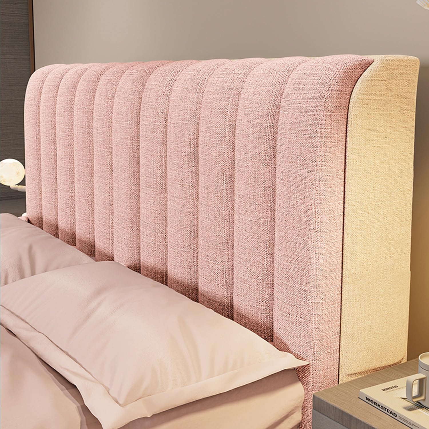 AYUOEODM Cotton Linen Headboard Cover Padded,Stretch Headboard Slipcover Universal,Thicken Quilted Dustproof Headboard Protector,For Single/double/king Size Bed Bedroom Décor(Pink,150cm)