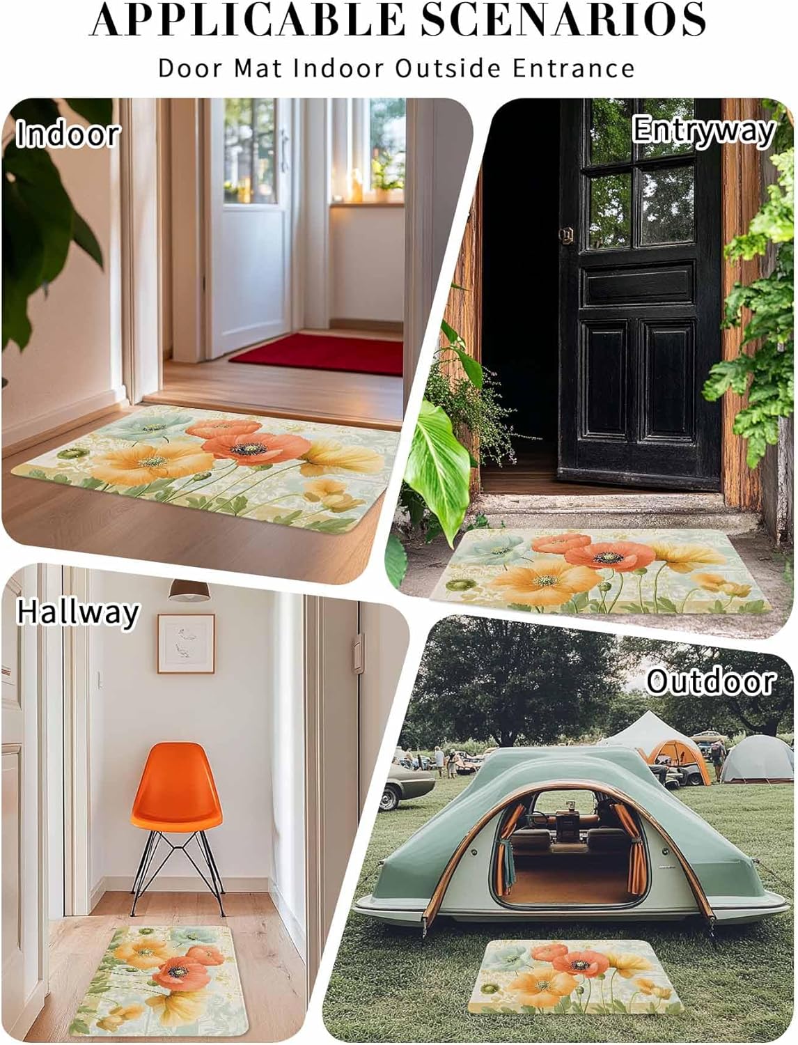 Retro Spring Floral Front Door Mat Indoor Outdoor Entrance Welcome Floor Mats, Watercolor Farmhouse Summer Flowers Heavy Duty Absorbent Doormat, Non-Slip Rugs for High Traffic Areas 18"x30"