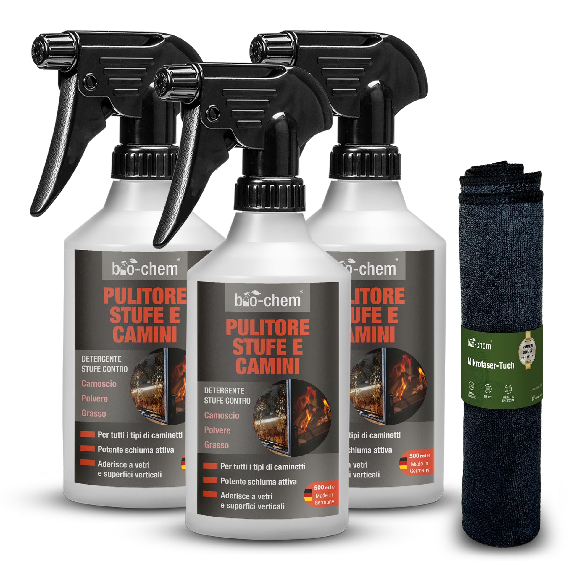 bio-chem Detergente vetro camino stufa inserto 3x 500ml + panno microfibra | Pulitore vetri e caminetti, anche per forno - Manutenzione delle superfici vetrate degli apparecchi riscaldanti