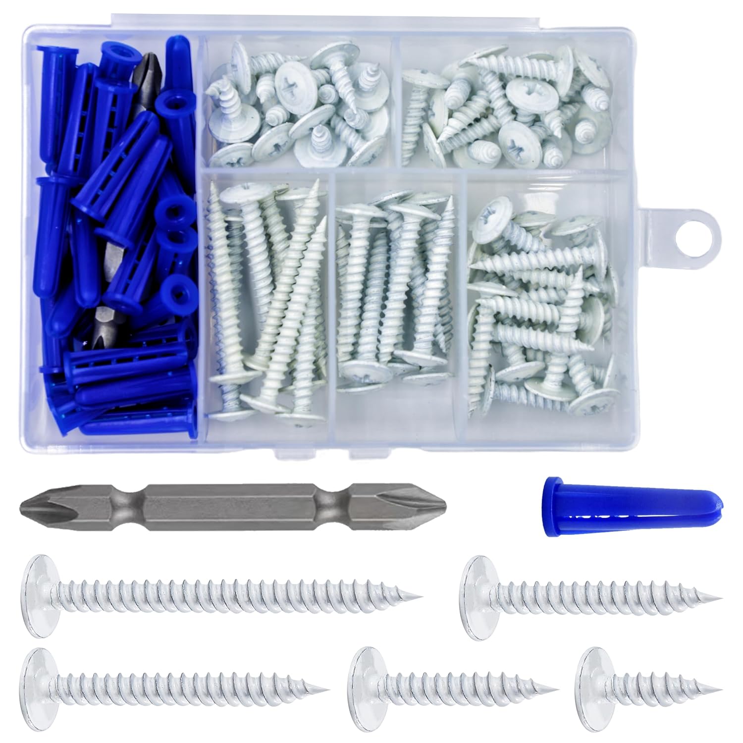 Wensilon(95 pcs)#8 White Truss Head Wood Screws Quick Metal Self Tapping Zinc Oxide with Drywall Plastic Anchors Assortment Kit