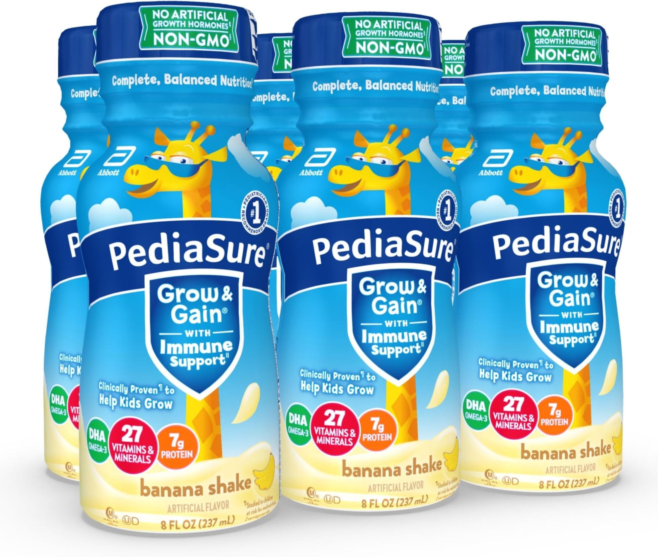 PediaSure Grow & Gain with Immune Support, 27 Vitamins & Minerals for Kids, 7g Protein, Non-GMO, Gluten-Free, Banana, 8-fl-oz Bottle, Pack of 6