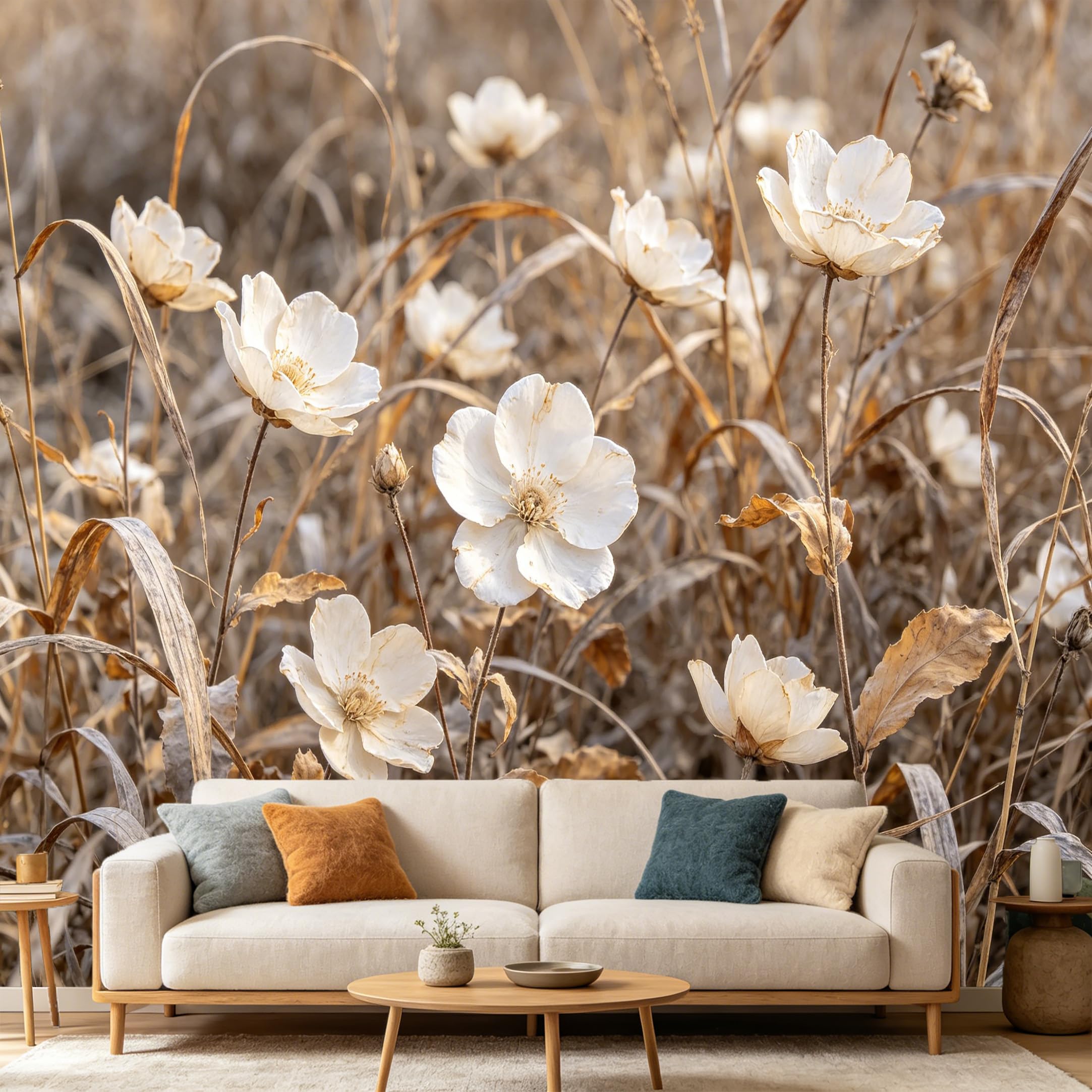 Custom Size Wall Mural Botanical White Wildflower Meadow Farmhouse Beige Aesthetic SelfAdhesive Art Prints wall Fabric（No PVC） Removable Wallpaper Home Bedroom Decor