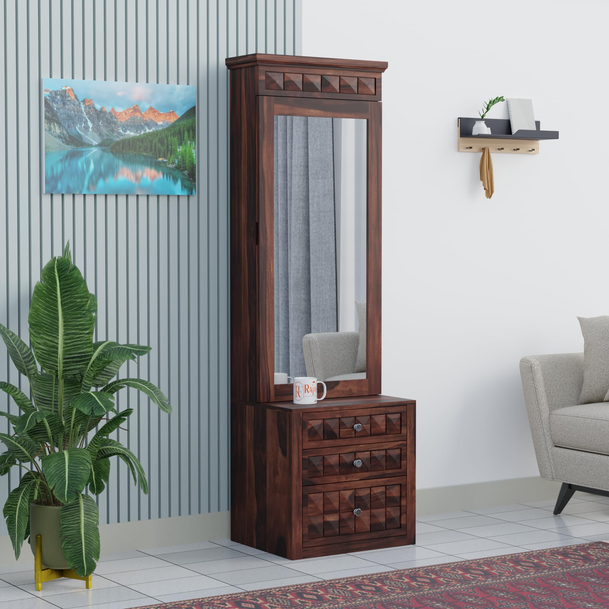diamond solid wood dressing table with full-length mirror & 3 drawers | wooden bedroom vanity unit with storage | walnut finish | 71 x 22.5 x 16 inches