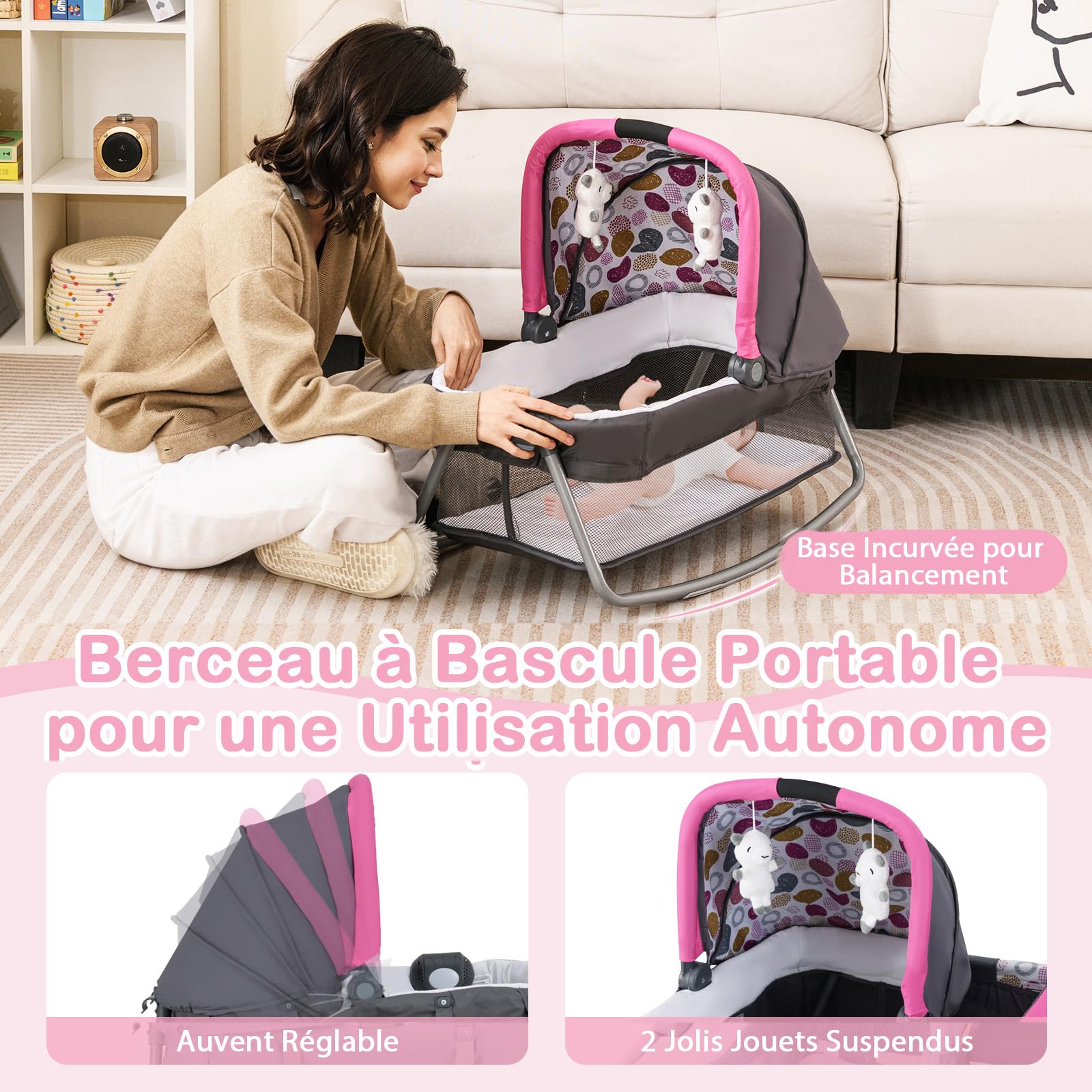 GOPLUS Lit Parapluie Bebe 5 en 1, Lit Bebe Evolutif de Voyage avec Parc, Table à Langer, roulettes Verrouillables et Sac de Transport, Boîte à Musique, 2 Jouets Mobiles, Charge 15KG (Fuchsia)
