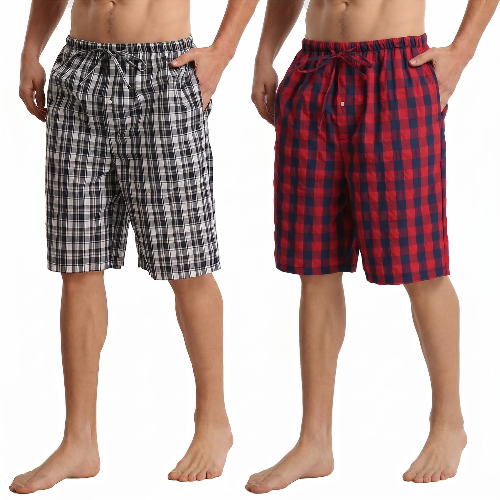 YUSHOW Pantalon Pijama Corto Hombre Algodón Cuadros Suaves Pantalones de Ocio con Bolsillos y Cordón Verano 2 Piezas