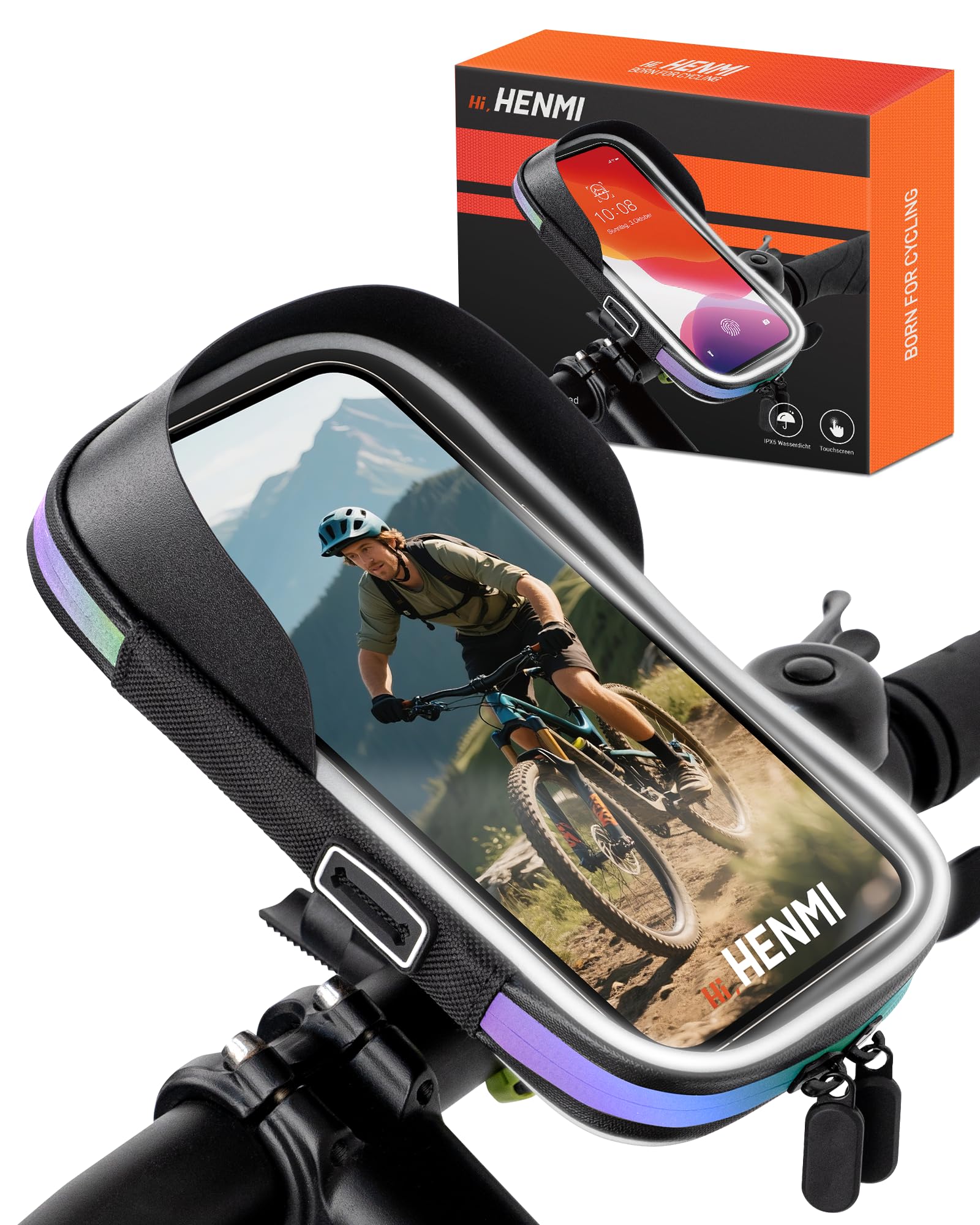 HENMI Handyhalterung Fahrrad Wasserdicht Tasche für 4.7-7 Zoll Smartphone Handyhalter Fahrrad mit Regenschutz 360°Drehbarem Fahrradtasche Handy für Rennrad, Ebikes, Motorrad