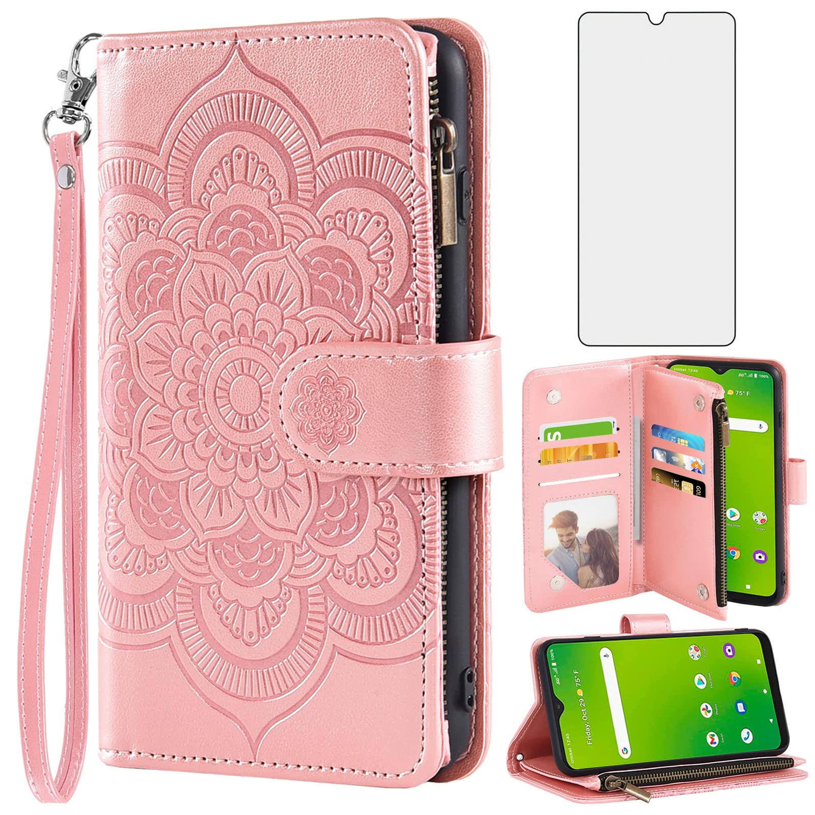 Asuwish Phone Case for Cricket Dream 5G/Innovate 5G/AT&T Radiant Max 5G/Fusion 5G Wallet Cover with Tempered Glass Screen Protector and Flip Credit Card Holder Stand Cell ATT G5 6.82 Women Rose Gold