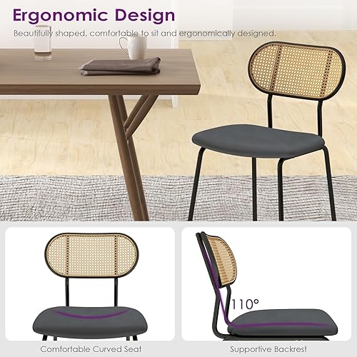 Miniatura 7 de TYBOATLE Juego de 4 sillas de comedor de ratán, sillas de comedor bohemias de cuero negro, sillas de comedor modernas de mediados de siglo, silla