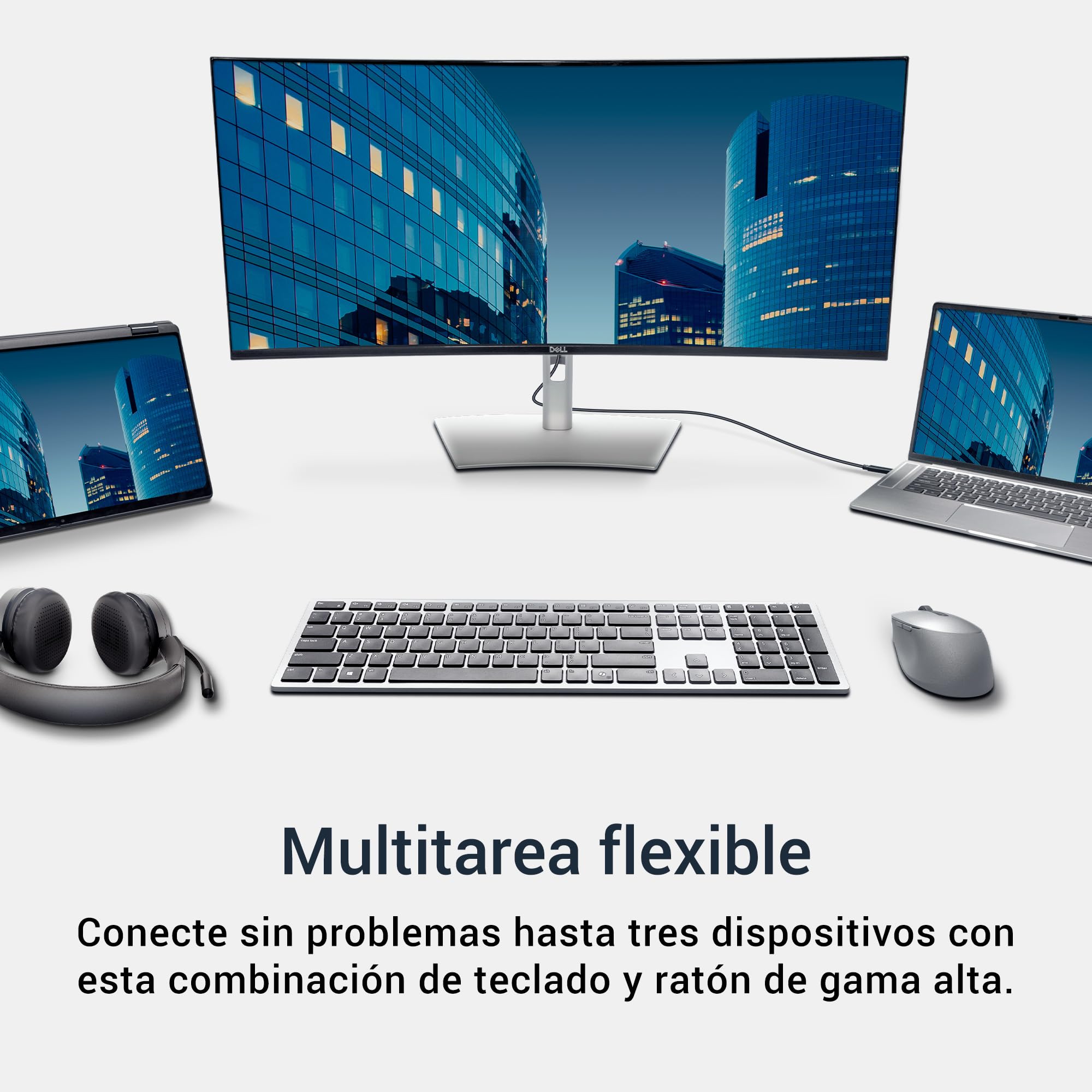 DELL KM7321W Teclado y Ratón Inalámbricos – Bluetooth y 2.4 GHz, 12 Teclas Programables, Sensor 4000 dpi, Batería 36 Meses, Teclado Español QWERTY – Gris Titanio