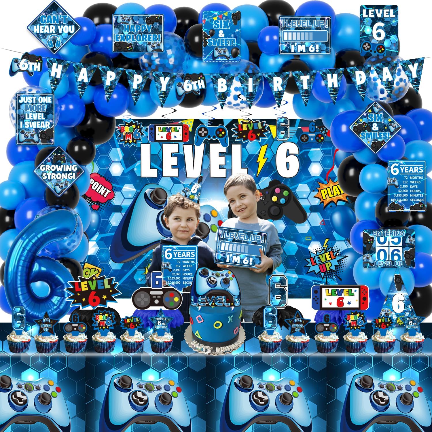 KOTLMIGHT 6th Birthday Decorations for Boys, 149Pcs Blue Video Game level 6 Party Supplies for Boy 6th Birthday - Backdrop, Banner, Balloons, Tablecloth, Centerpieces, Hanging Swirls, Wall Signs