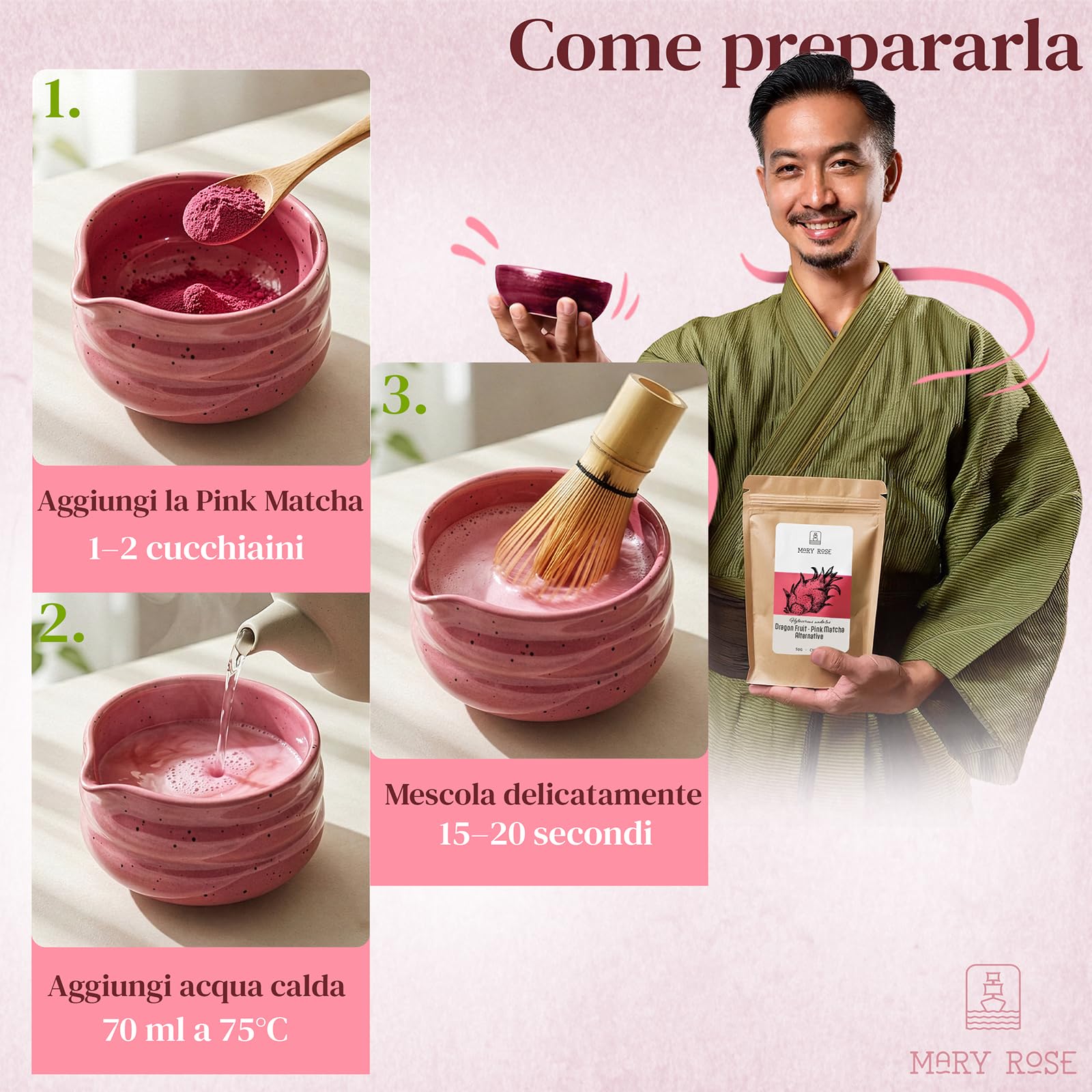 Mary Rose Pink Matcha 100g – Polvere di frutto del drago, polvere di frutto del drago 100% naturale