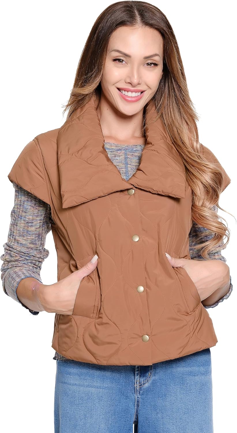 [John-Mark] ベスト Quilted Button Front Puff Vest With Large Collar P