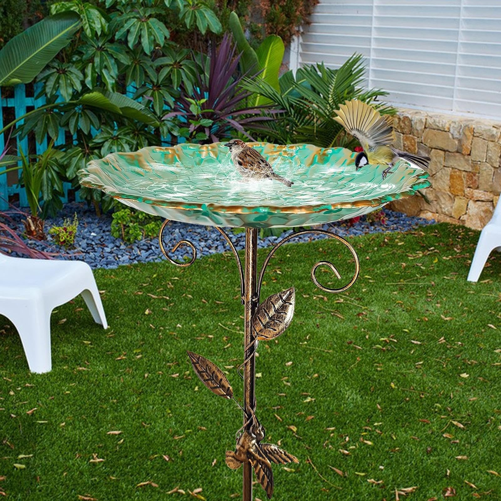 Bain d'oiseaux pour Extérieur, Mangeoire Vintage, Bassin en Métal sur Pied Antigel Hauteur Réglable pour Jardin Terrasse Balcon Extérieur