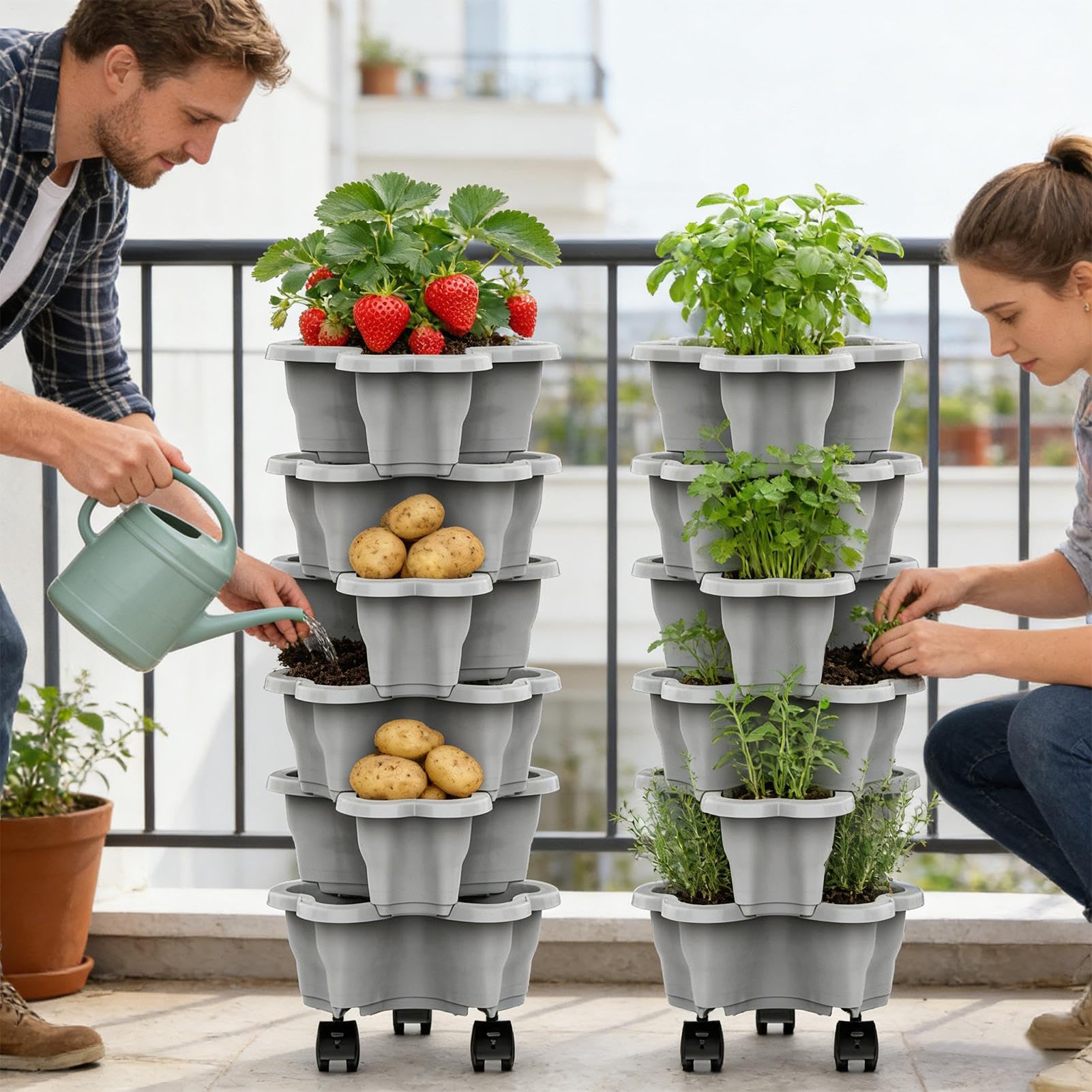 Jardinera Fresas | Torre Fresa Sobre Ruedas 6 Niveles | Jardinera Verduras Apilable para Exteriores e Interiores | Maceta Vertical para Fresas Accesorios Jardín para Frutas, Verduras y Plantas