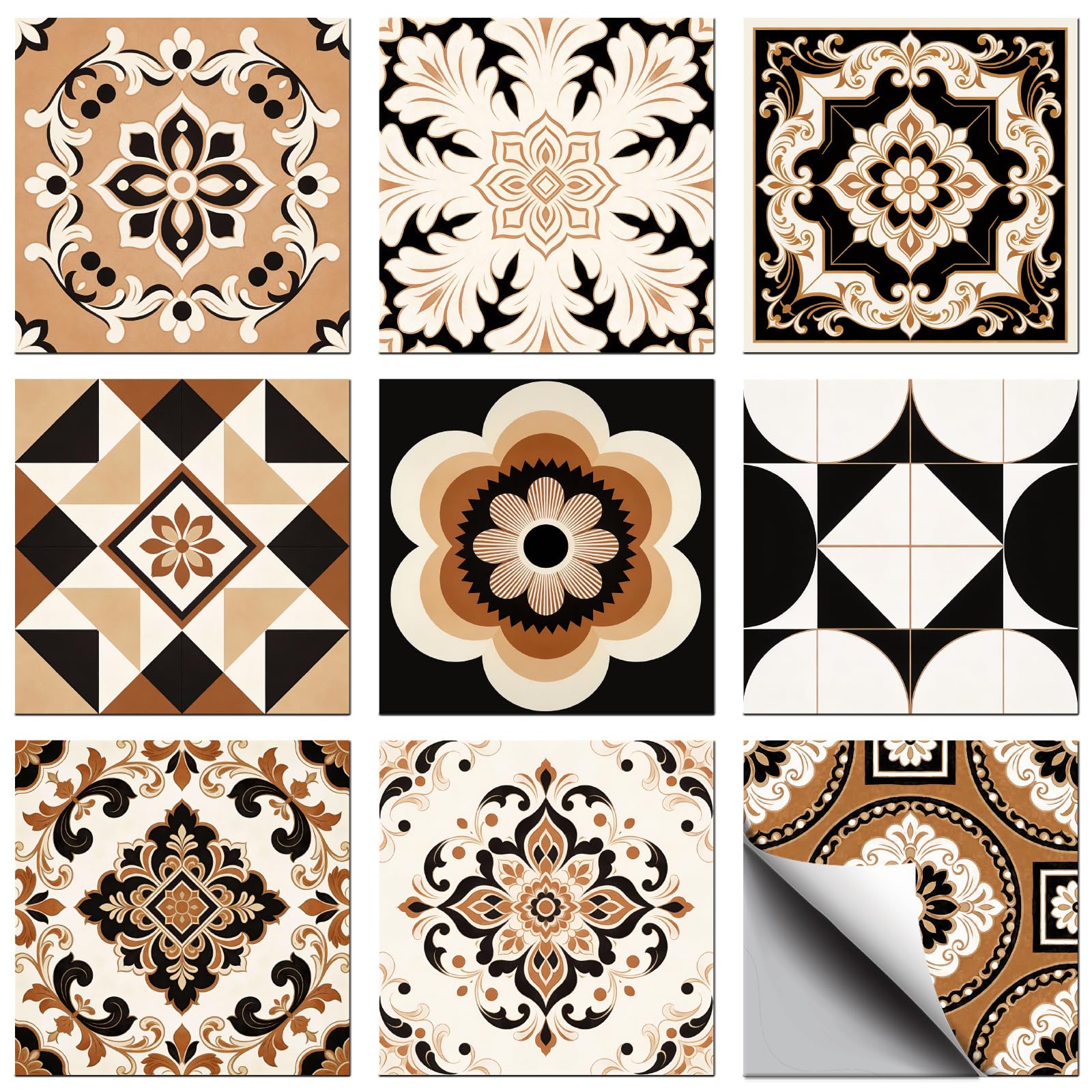 CONCHLERY 36 Pcs 9 Style Beige Pattern Peel and Stick Wall Tile Sticker Black Geometric Pattern Wall Stickers Waterproof Self Adhesive Stick on Tile Decals for Kitchen Bathroom Art Decor, 4×4 Inch