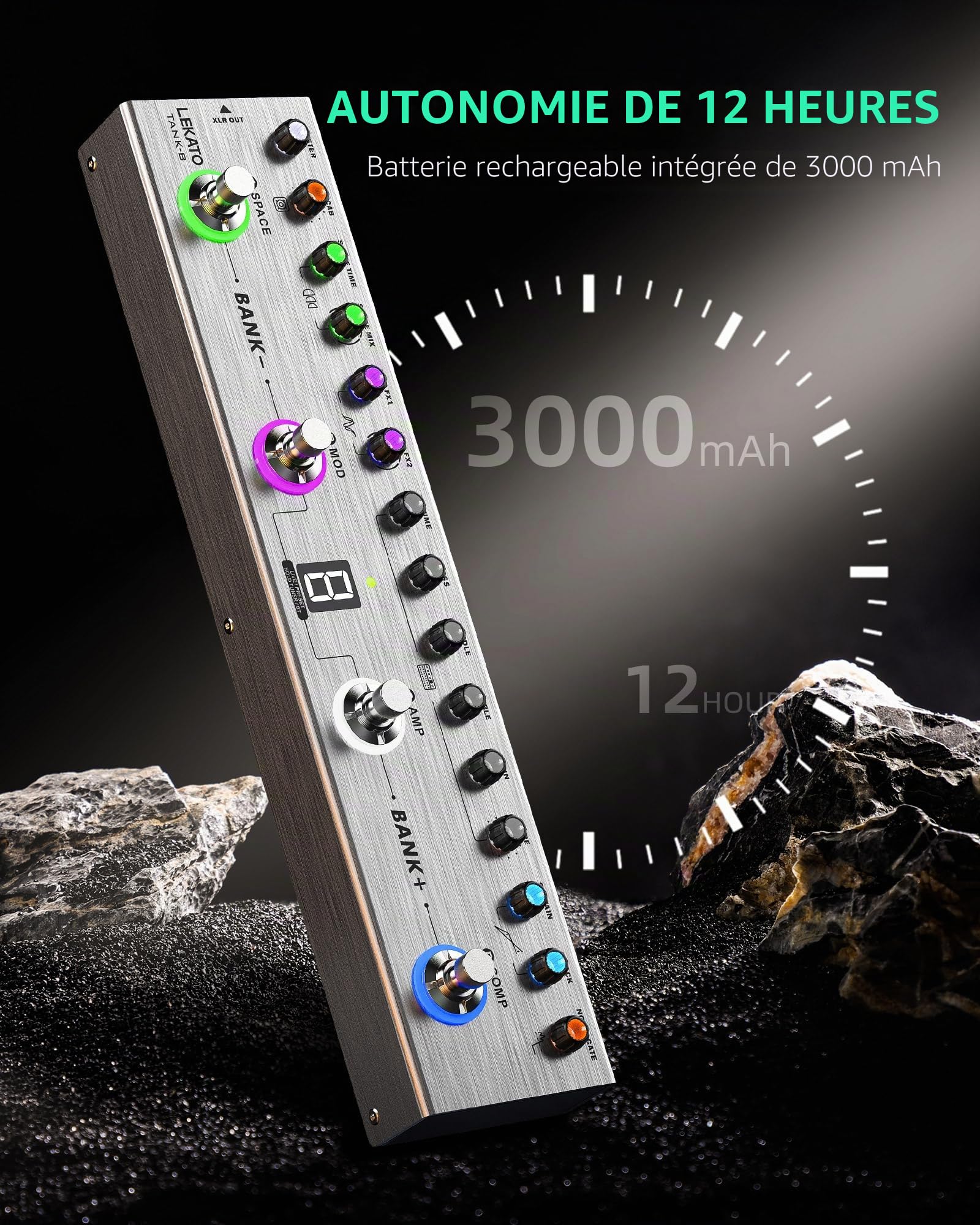 LEKATO Pédale d'effets multiples pour basse avec 36 presets éditables, compresseur, Space, MOD, Reverb, chargement IR, enregistrement, accordeur, batterie intégrée, connexion BT (Bass)