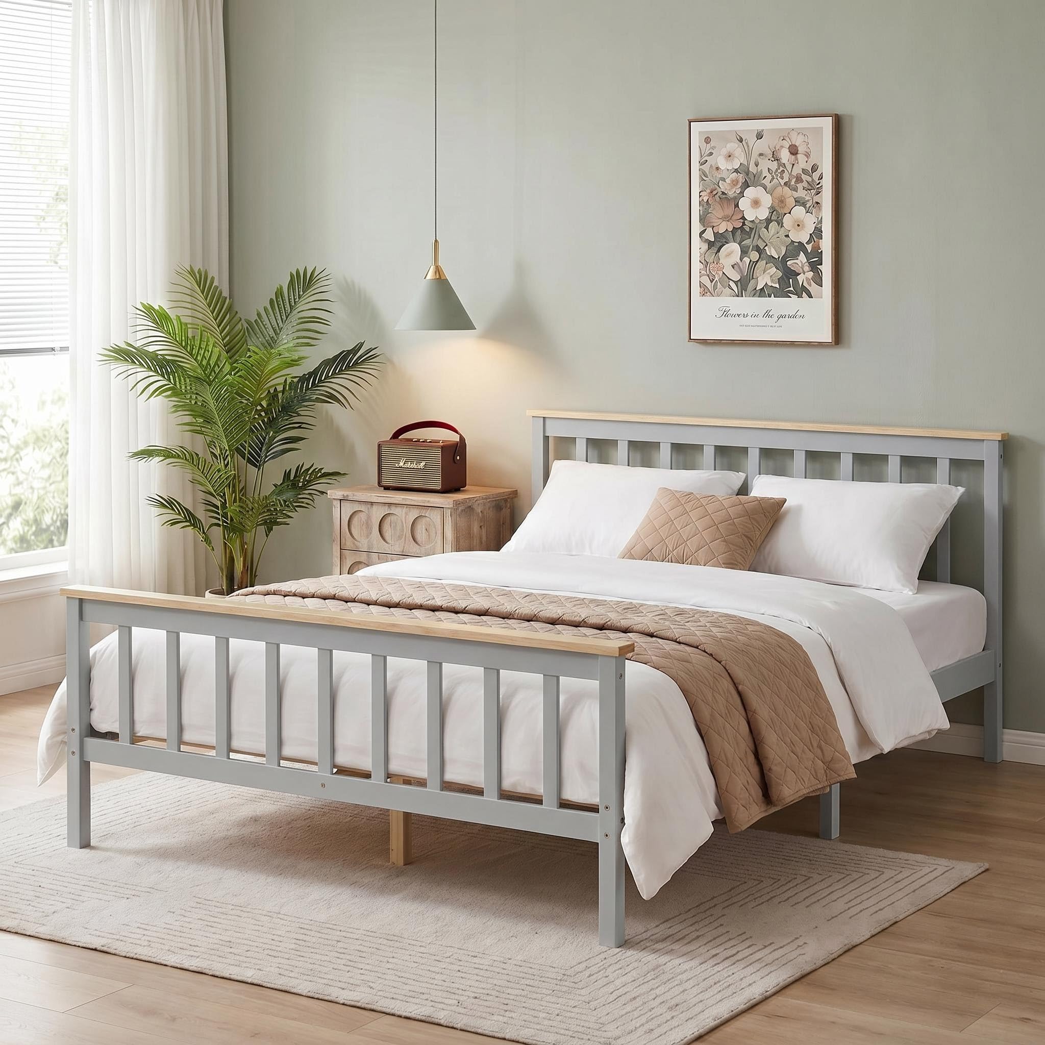 Panana Double Bed Solid Wood Bed Frame White Wooden For Adults, Kids, Teenagers (Grey/Natural)