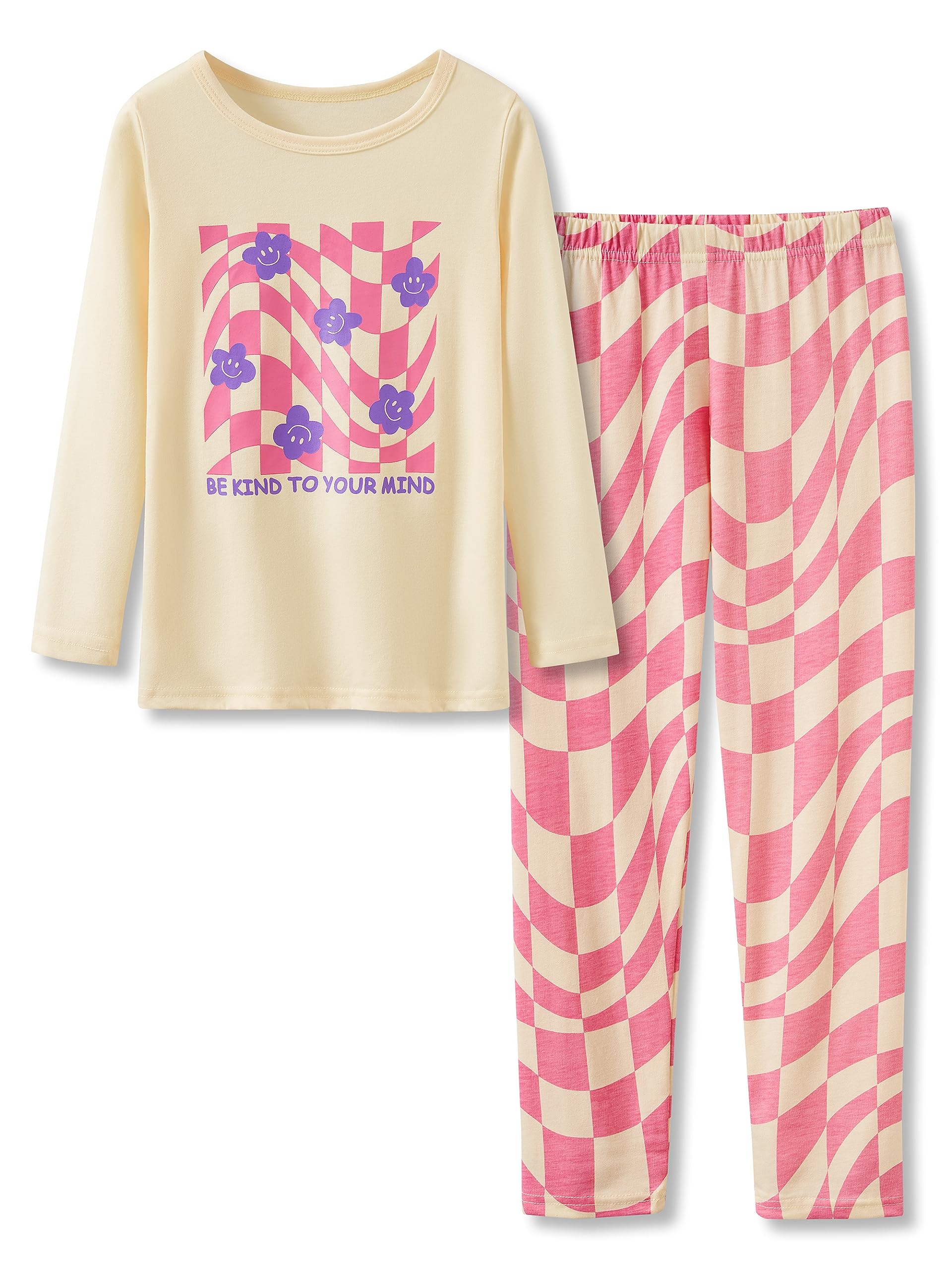 Tebbis Pajamas for Big/Teen Girls – Pink Checker PJS Soft Long Sleeves & Pants Set Jammies Set Size 6-18