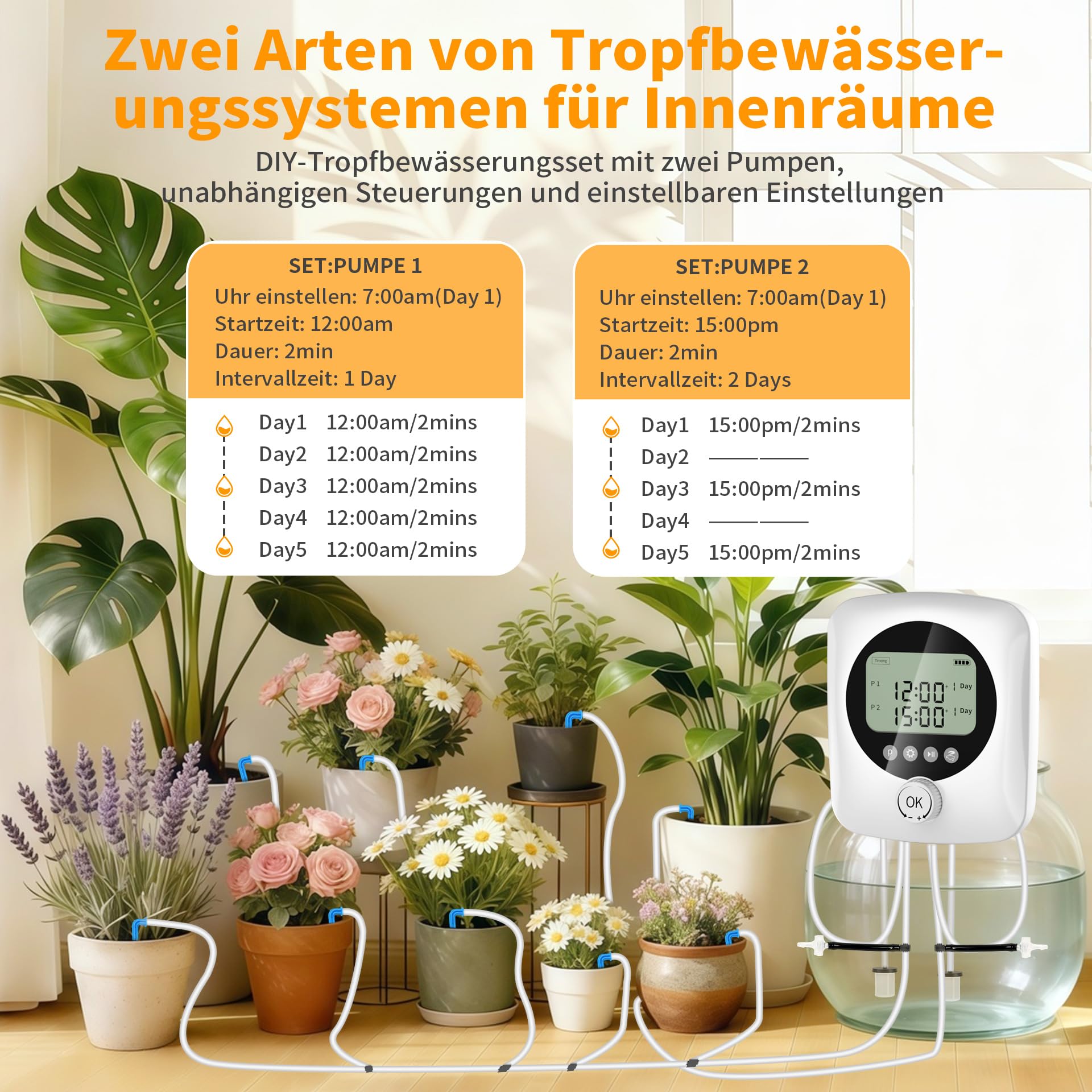 Automatische Bewässerung Pflanzen BewässerungssystemTropfbewässerung Indoor Garten Bewässerung mit Doppelte Pumpe Unabhängige Kontrolle, DIY Tropfbewässerungsset mit Einstellbar für Balkon