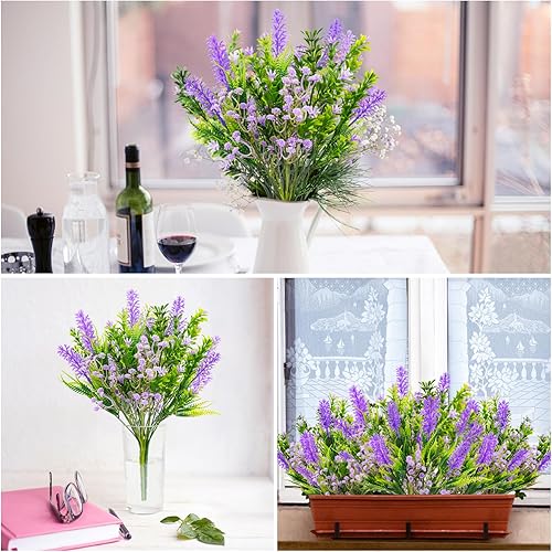 Miniatura 7 de Plantas artificiales de lavanda, 9 paquetes de plantas de plástico para decoración de boda, hogar, jardín, oficina, jarrón de mesa
