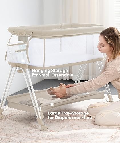 Miniatura 3 de Moisés de noche para bebé, cuna de malla de 4 lados con ruedas y bandeja de almacenamiento, cuna de noche ajustable de 7 alturas para recién