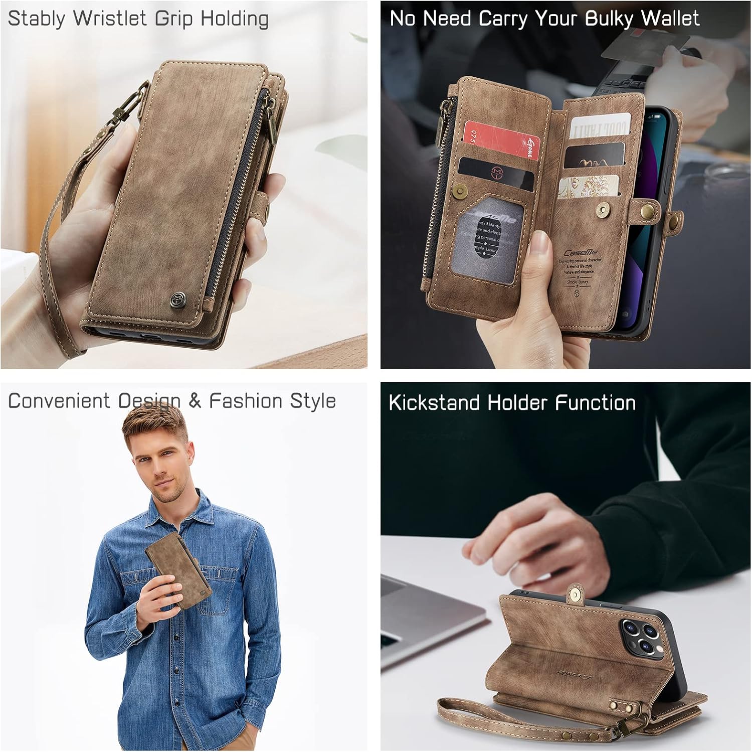 Defencase for iPhone 13 Pro Case, iPhone 13 Pro Case Wallet for Women Men, Durable PU Leather Magnetic Flip Lanyard Strap Wristlet Zipper Card Holder Phone Cases for iPhone 13 Pro [6.1 inch], Brown