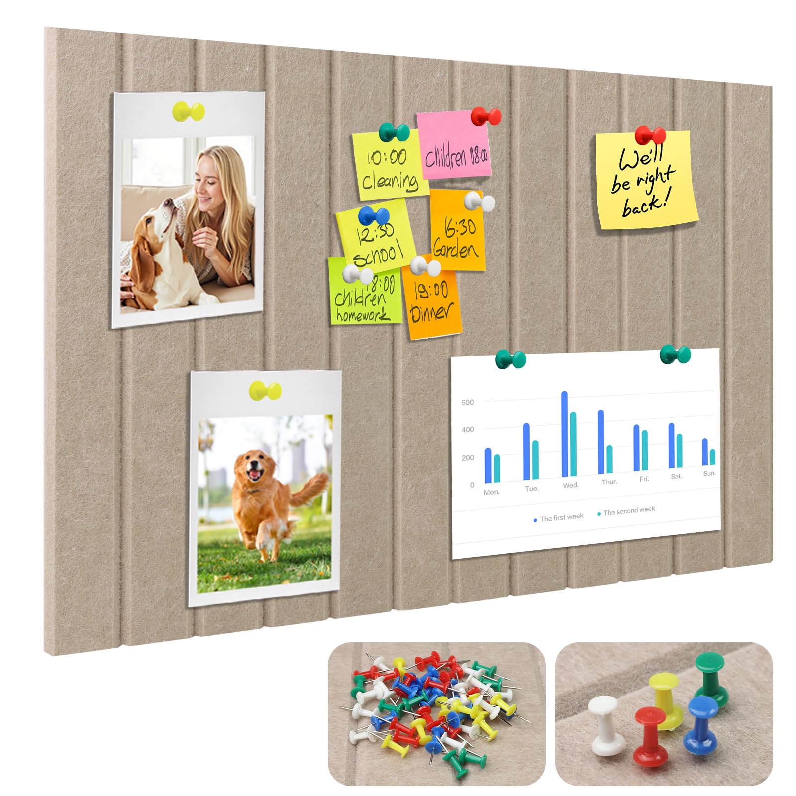 60x40cm Large Cork Board Alternative, 9mm Thick Decorative Felt Pinboard, Self Adhesive Notice Pin Board with 50 Colored Pushpins for Home Office Classroom Photos Memos (Dark Camel