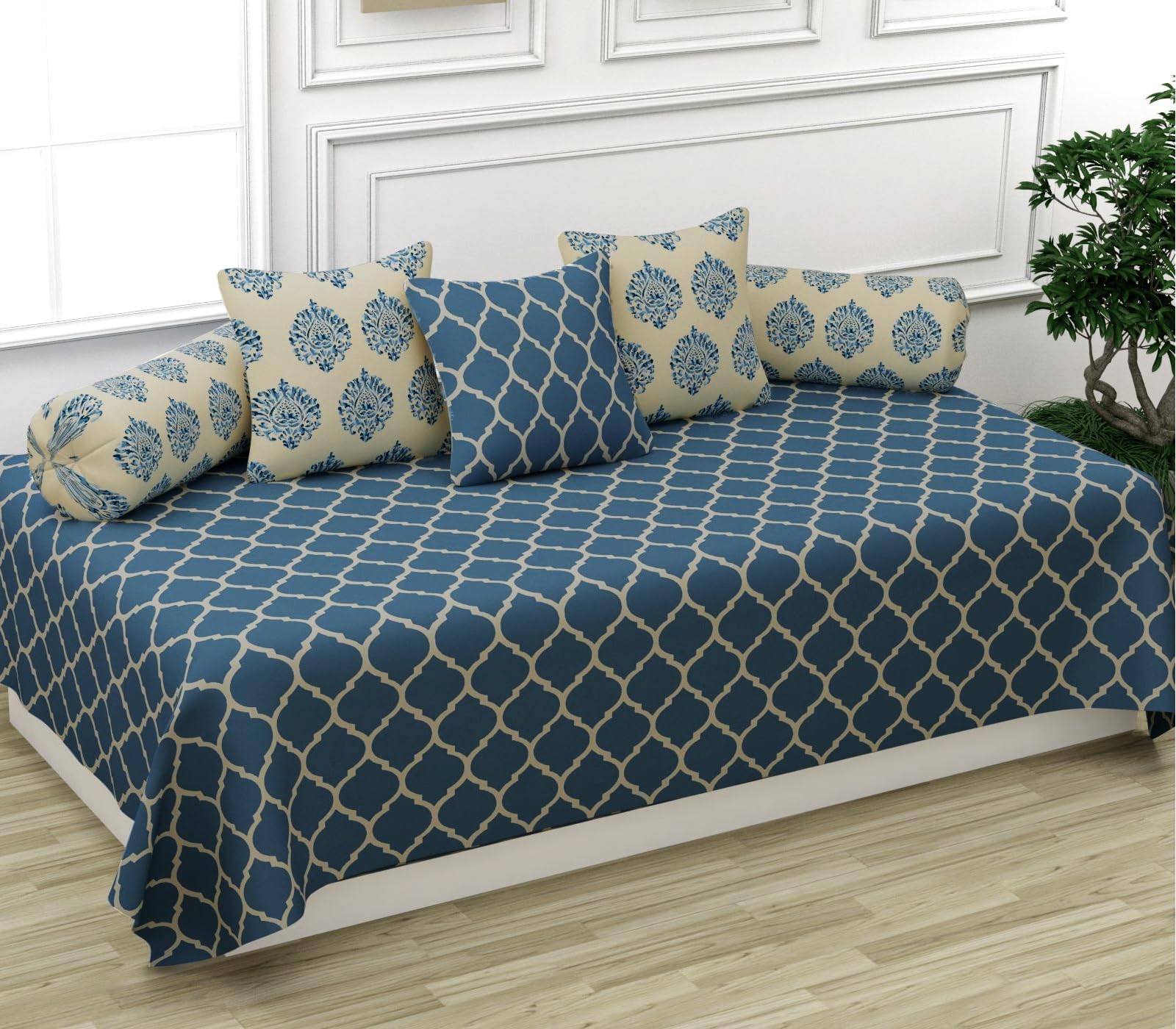 Trance Home Linen 200TC Diwan Set 100% Cotton 6 Pcs | Deewan Printed Bedsheet Set for Living Room Hall (1-Bed Sheet 54x88 Inch | 2-Bolster Cover 16x32 Inch | 3-Cushion Cover 16x16 Inch) - Dori Blue-picture-38