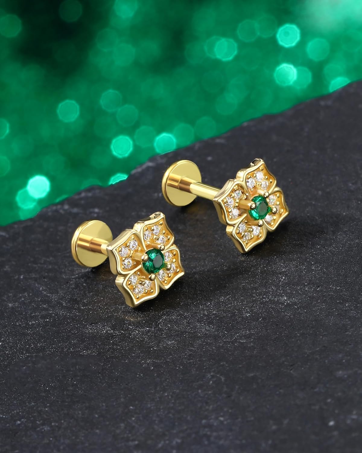 COCHARM 14K Real Gold Cartilage Tragus Earring Stud Leaves Flat Back 16g Yellow Gold Push Pin Cartilage Tragus Jewelry 8mm 6mm Square Threadless Conch Piercing