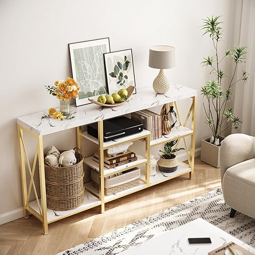 Miniatura 4 de Mesas de consola para sala de estar, mesa de sofá larga y estrecha, mesa de entrada de 55 pulgadas, mesa de pasilloestantería con estantes de