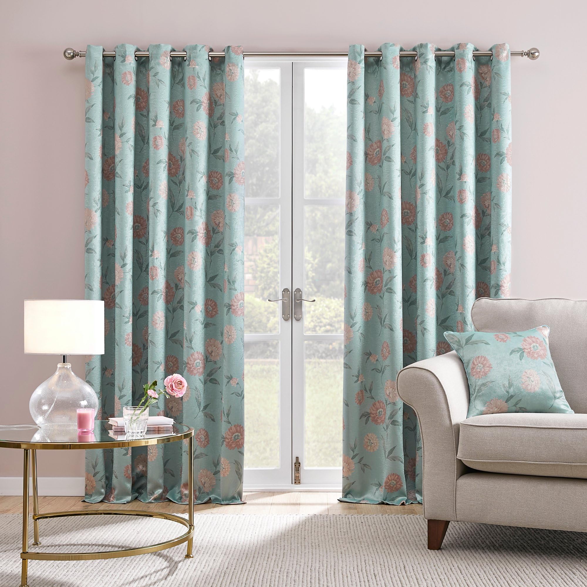 Dreams & Drapes - Duck Egg Floral Curtains W46 x L54 (117 x 137cm) - 2x Panels - Duck Egg Flower Eyelet Curtains & Drapes for Bedroom and Living Room - Traditional Vintage Curtains with Pink Floral
