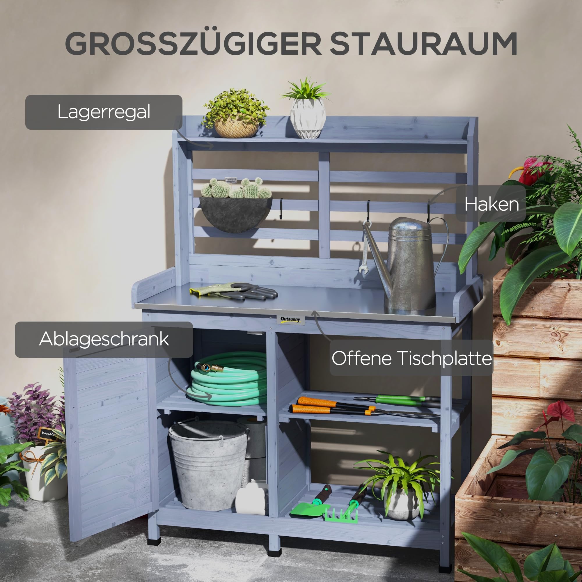 Outsunny Pflanztisch aus Holz, Gärtnertisch mit Schrank, Blumentisch mit Arbeitsplatte, Holzpflanztisch mit 2 Ablagen, 4 Haken für Garten, Grau, 112 x 47 x 146cm