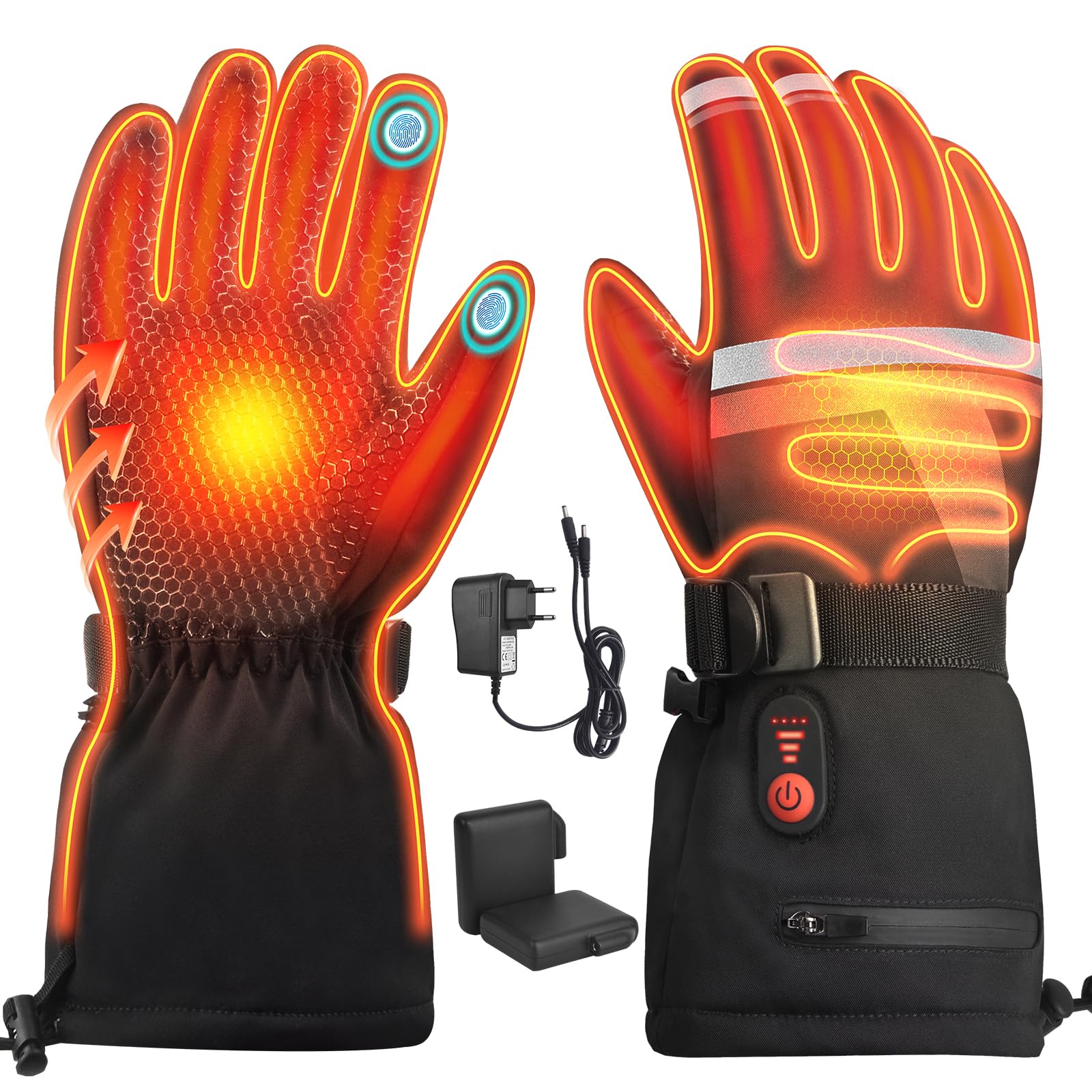 Beheizbare Skihandschuhe mit 7.4V 6400 mAh Akku, 3 Heizstufen, Winterhandschuhe für Skifahren Radfahren Motorrad