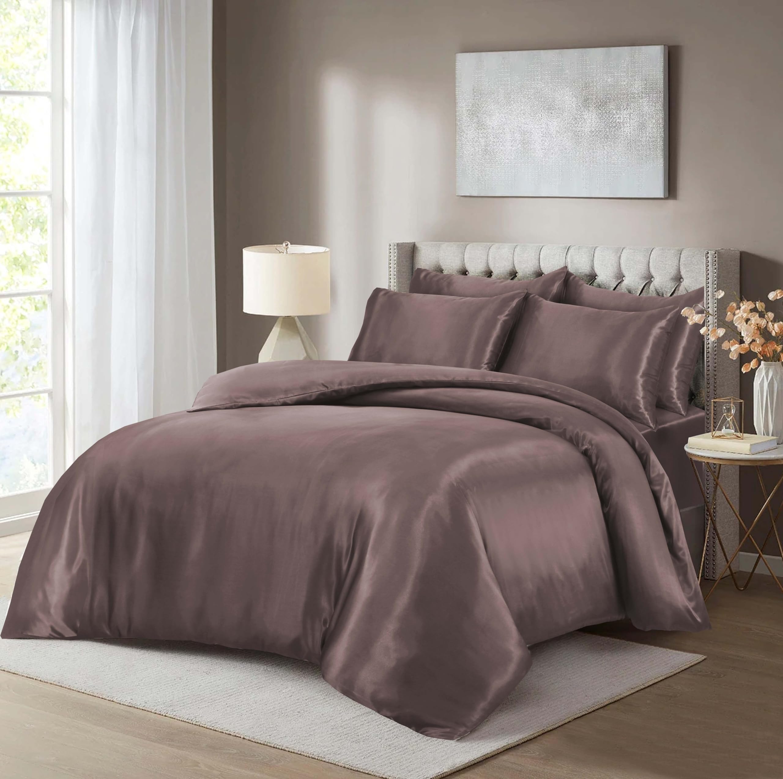 Hadi London Satin Silk 6 Piece Complete Bedding Set including Silky Deep Fitted Sheet Reversible Duvet Cover Comforter & 4 Pillowcases for Single Double King Super King Size Bed (Blush-Pink - Image 2