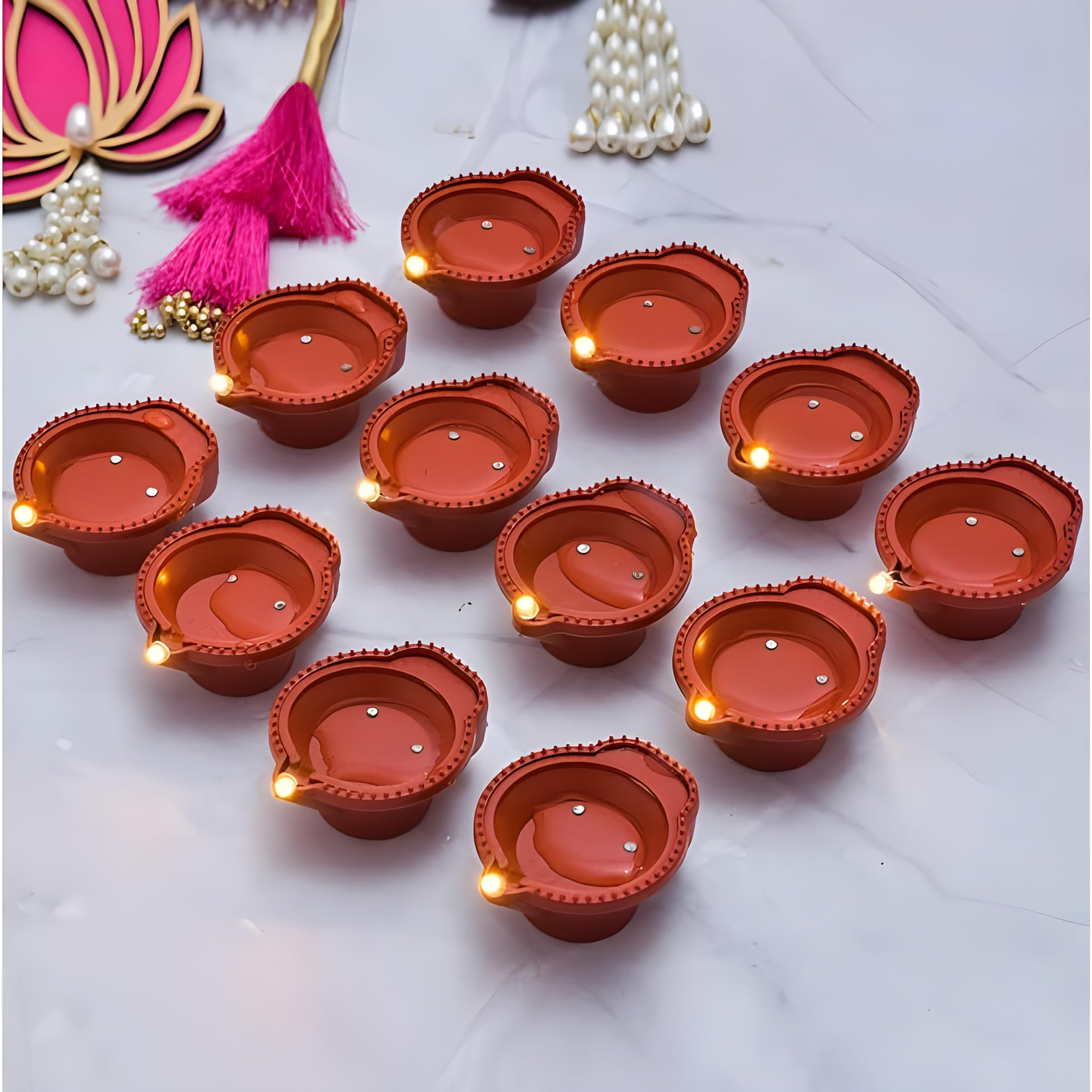 Innovative Water-Sensing LED Diya Candle with E-Diya Technology: Warm Orange Ambient Lighting Perfect for Home Decoration During Diwali and Festive Celebrations (Red) (Pack of 6) 3