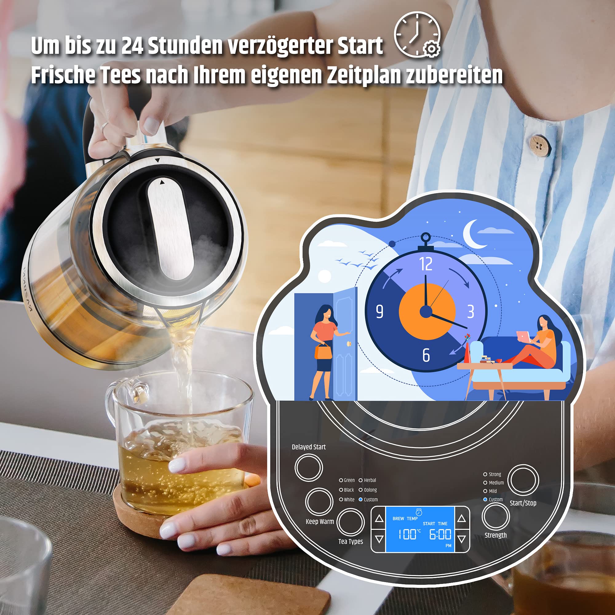 Razorri Elektrischer Teezubereiter - 1,7 L, automatisch anhebender Teekorb BPA Free, 5 Teesorten und 3 Brühstärken, Warmhalten bis zu 60 Minuten, programmierbare Zeit für Teezubereitung, mit Edelstahl