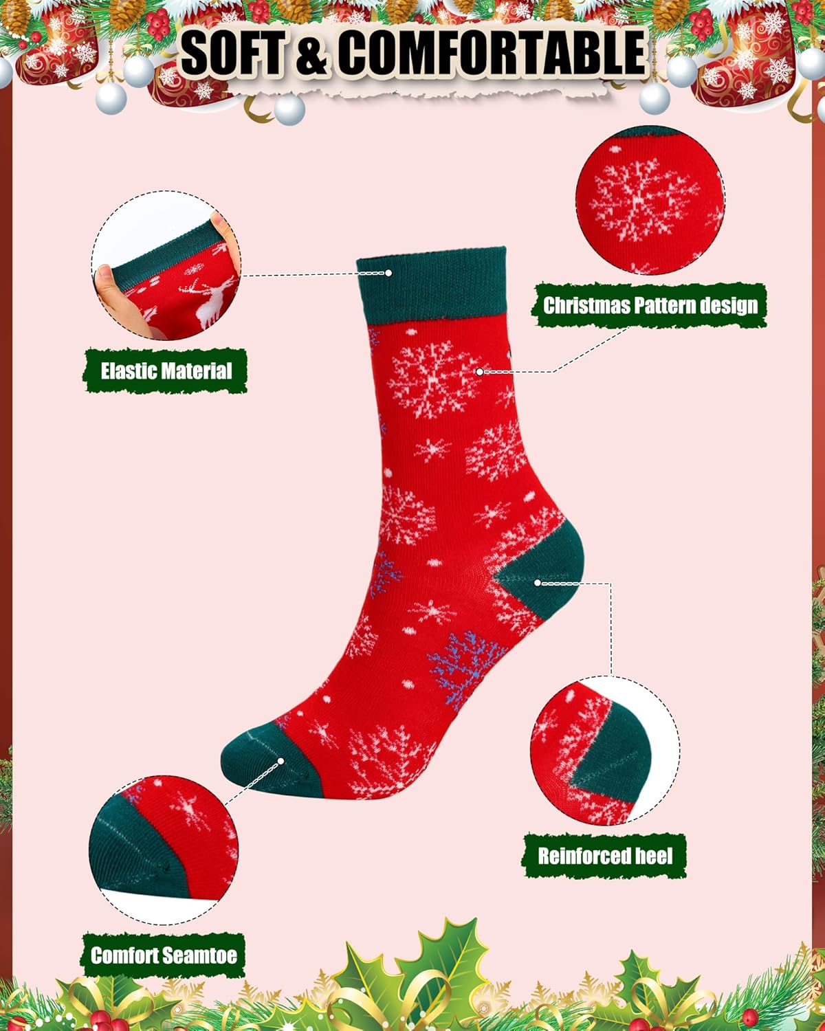 12 Pairs Christmas Socks Novelty Santa Snowman Reindeer Snowflakes Xmas Crew Sock Gifts for Women Men - Image 4