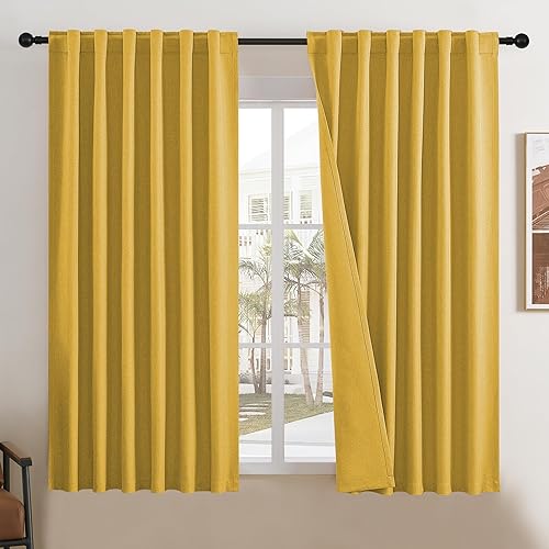 Miniatura 46 de DUALIFE - Cortinas de lino opacas beige de 54 pulgadas de largo, con pestaña trasera y bolsillo para cortinero, cortinas estrechas para dormitorio,