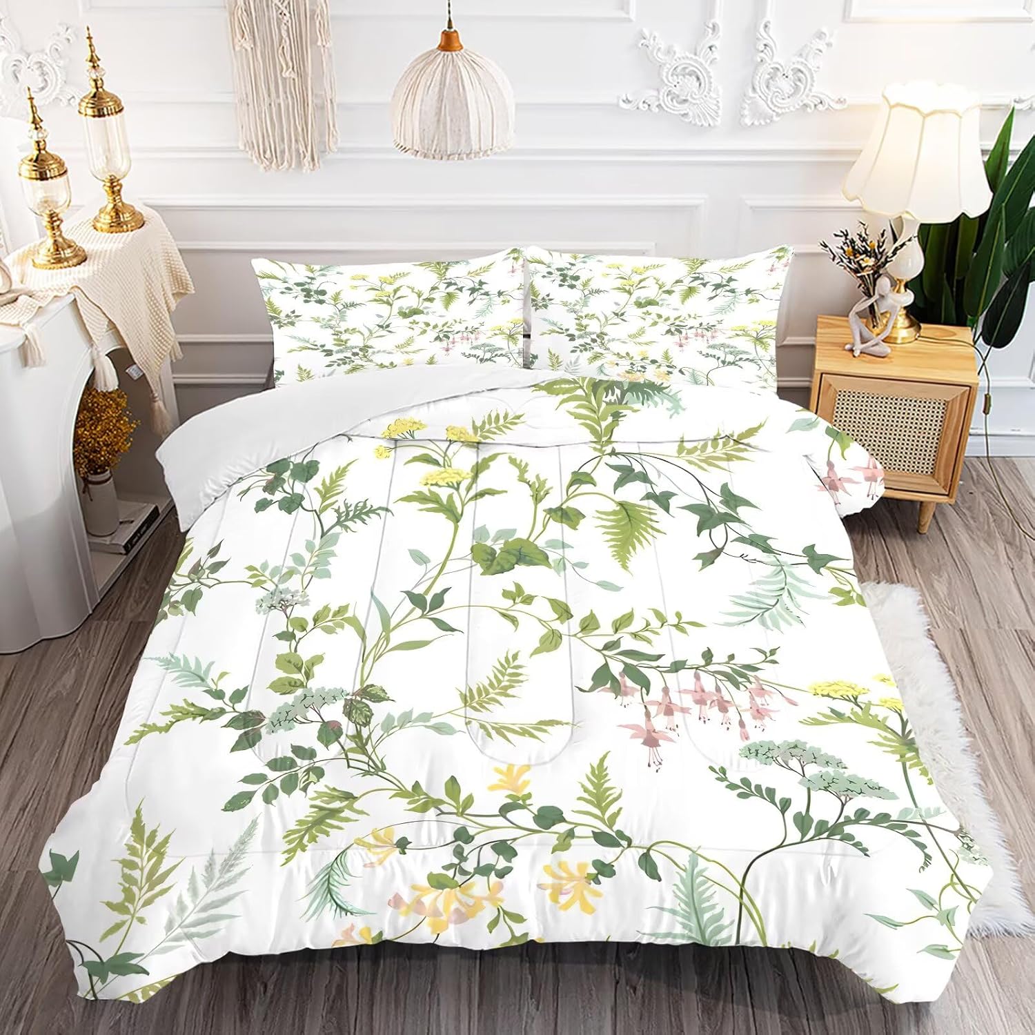 Green Comforter Set Queen Size Botanical Bedding Sets for Women Teens Girls Cottagecore Aesthetic Plants Flowers Quilt Bedroom Decor 1 Comforter 2 Pillowcases