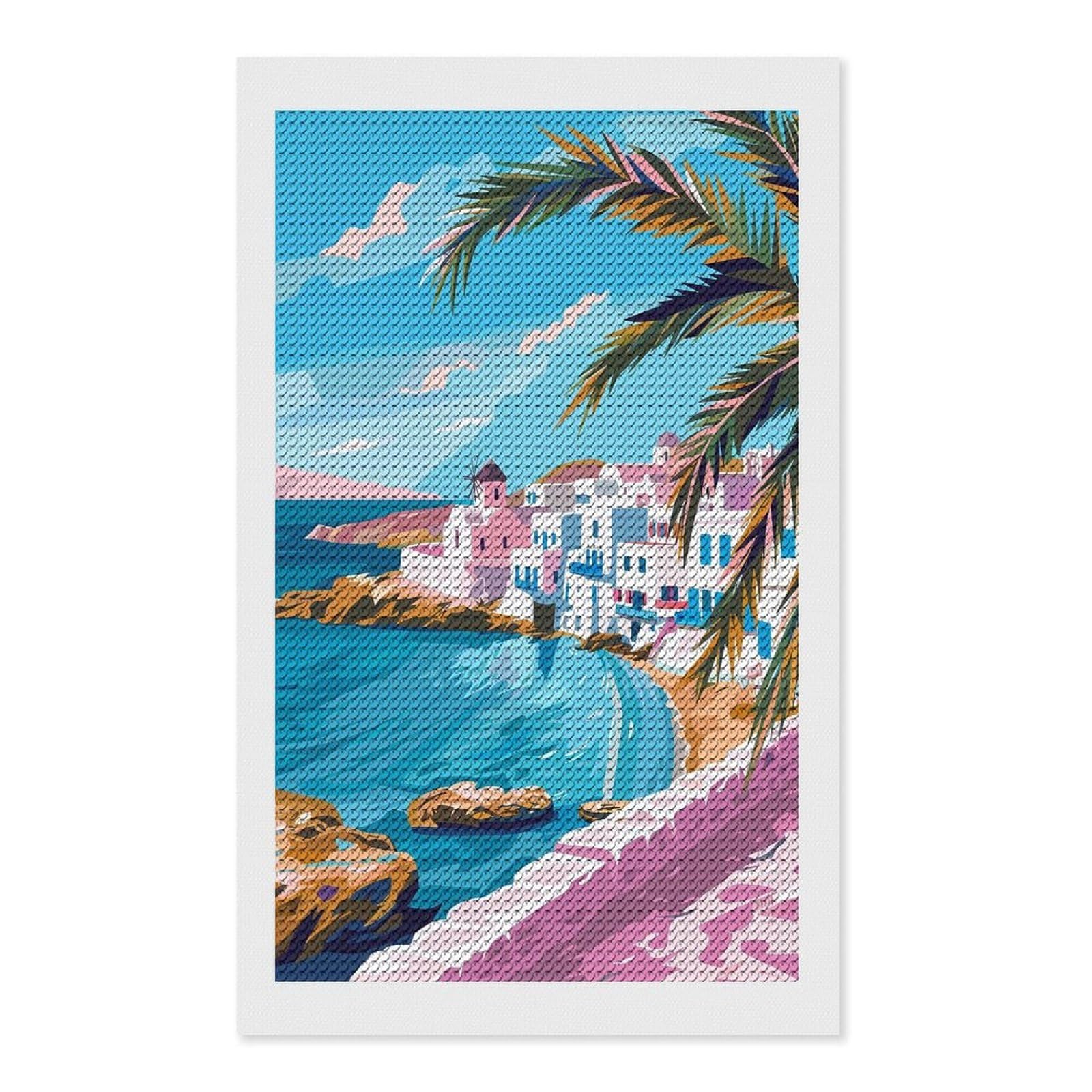 Junmoney Mykonos Greece Travel Art Diamond Art Canvas 12"x20", Full Kit Included, Bedroom Decor, for Beginners, Thoughtful Handmade Gift