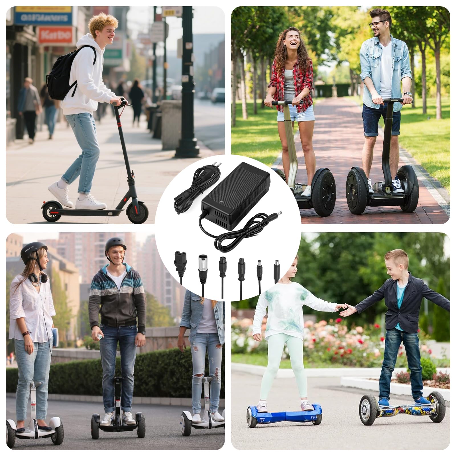 Pfloge Caricatore Monopattino Elettrico per Scooter, 54.6V 2A Caricatore Bici Elettrica con Ventilatore e 6 Connettori, Caricatore Hoverboard per Batteria Universale al Litio da 48 V