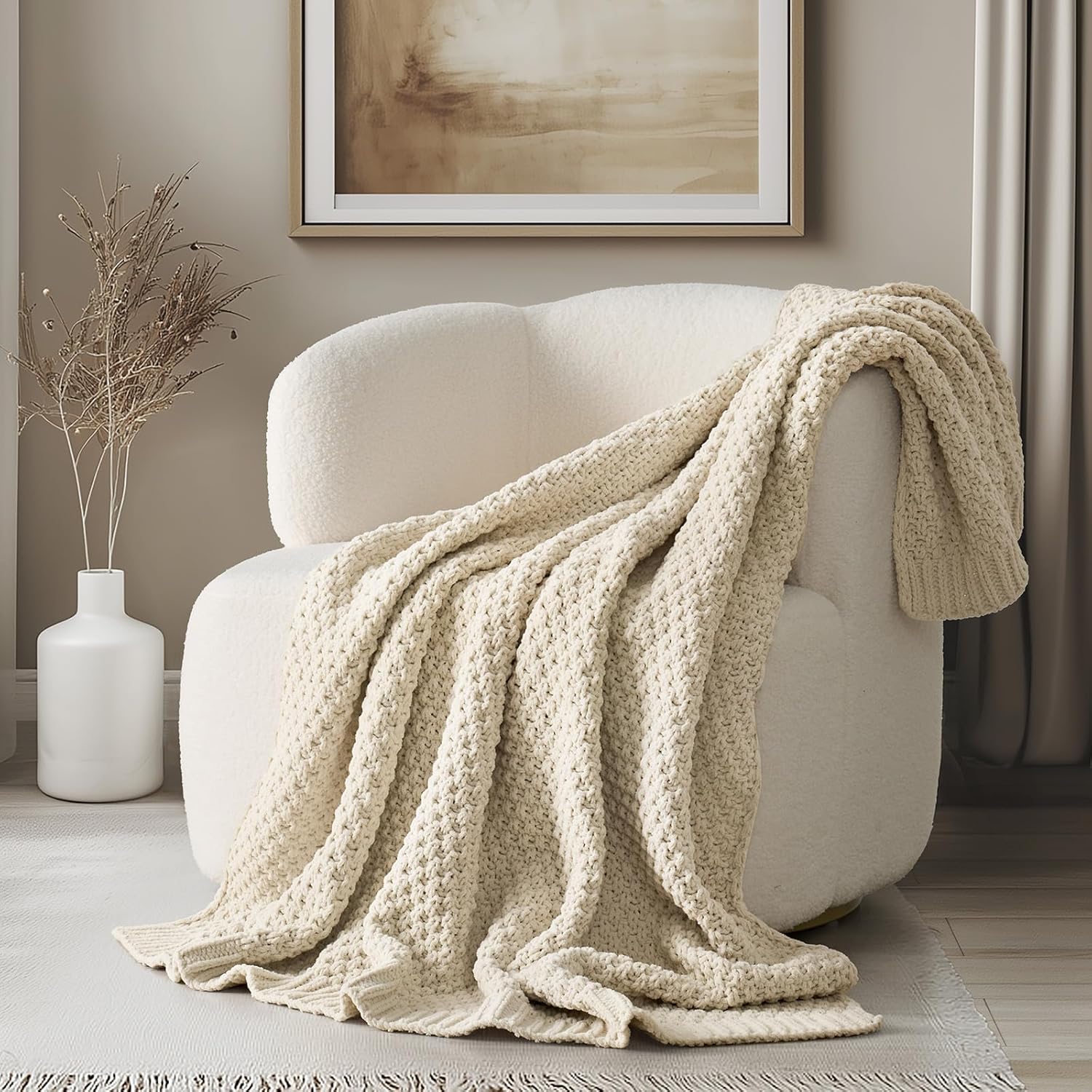 Chunky Chenille Knit Throw Blanket for Couch, Soft Luxurious Moss Stitch Blankets for Bed, Cozy Decorative Farmhouse Knitted Throws for Sofa, Beige, 50" x 60" 50" x 60" Beige